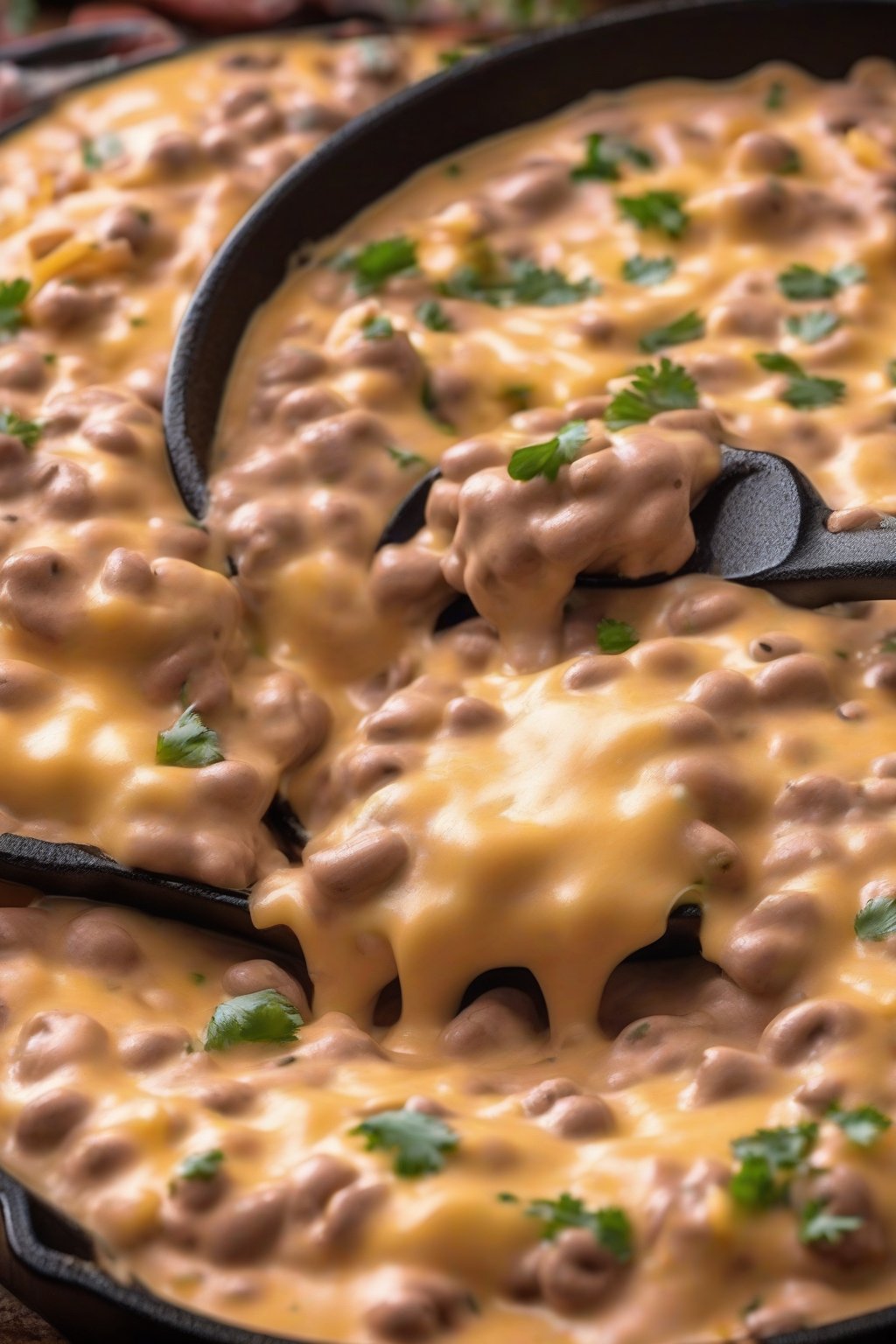 A high-resolution photo of cheesy queso smooth refried beans oozing with melted cheese, served in a cast-iron skillet, under soft lighting.