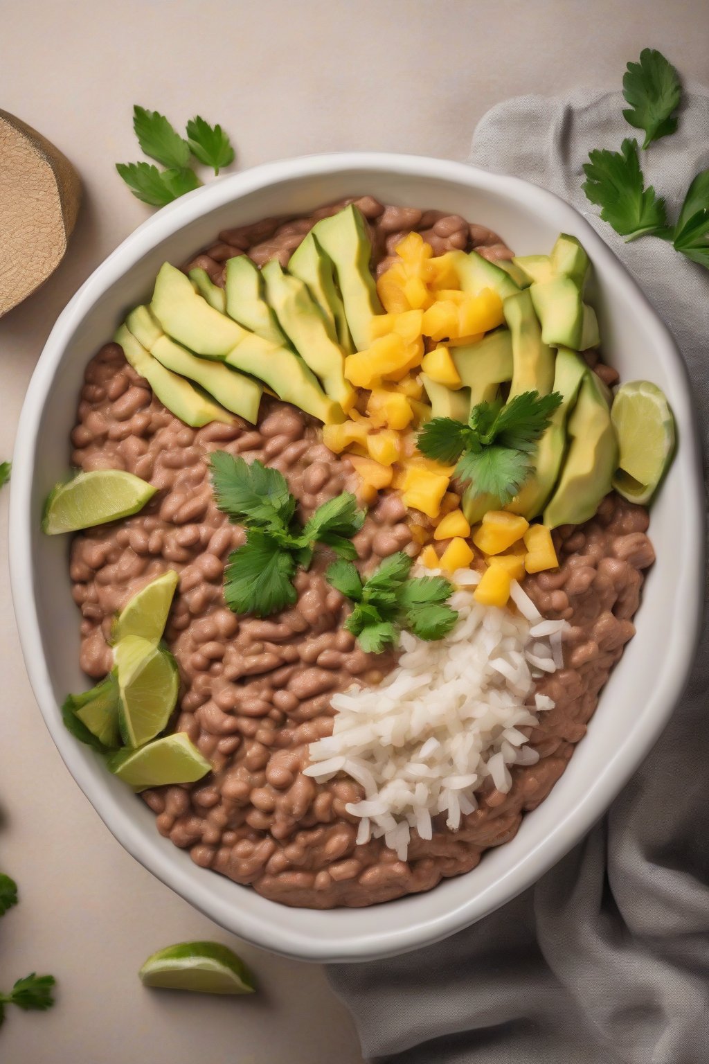 A high-resolution photo of vegan coconut smooth refried beans with a tropical garnish, in a white bowl, under soft lighting.
