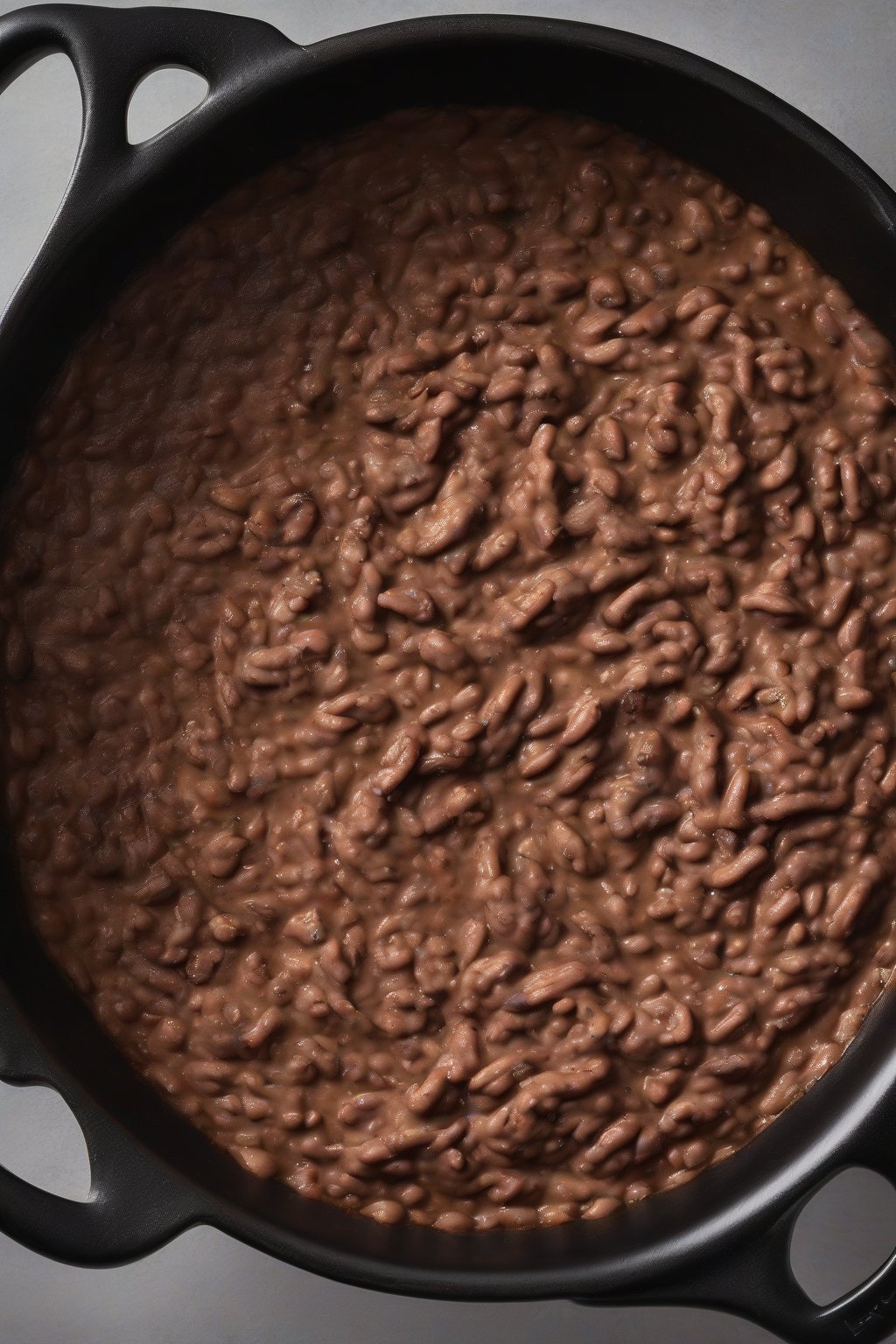 A high-resolution photo of smoky chipotle smooth refried beans with charred edges, in a dark bowl, under soft lighting.