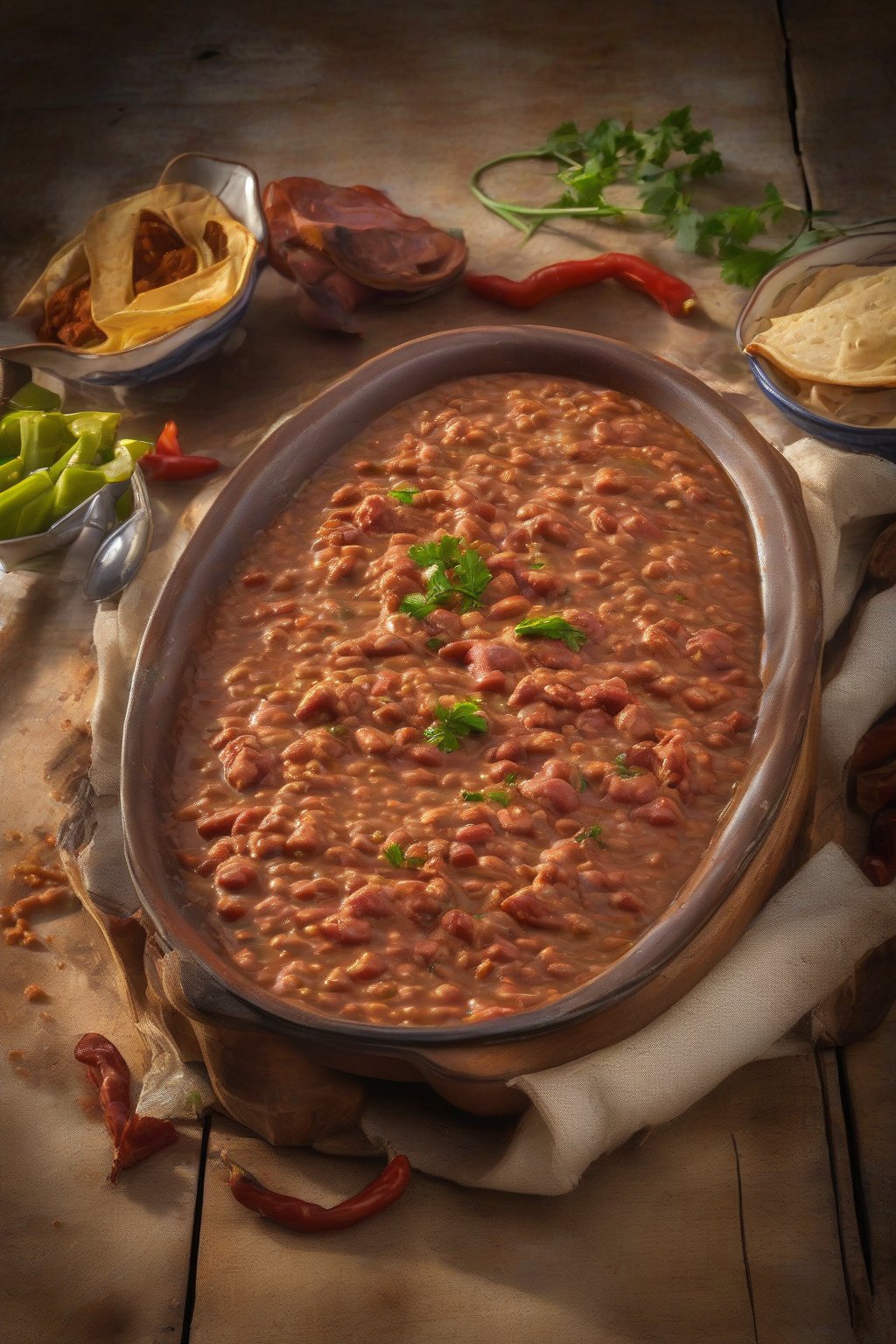A high-resolution photo of chorizo-infused smooth refried beans flecked with meat bits, steaming hot, under soft lighting.