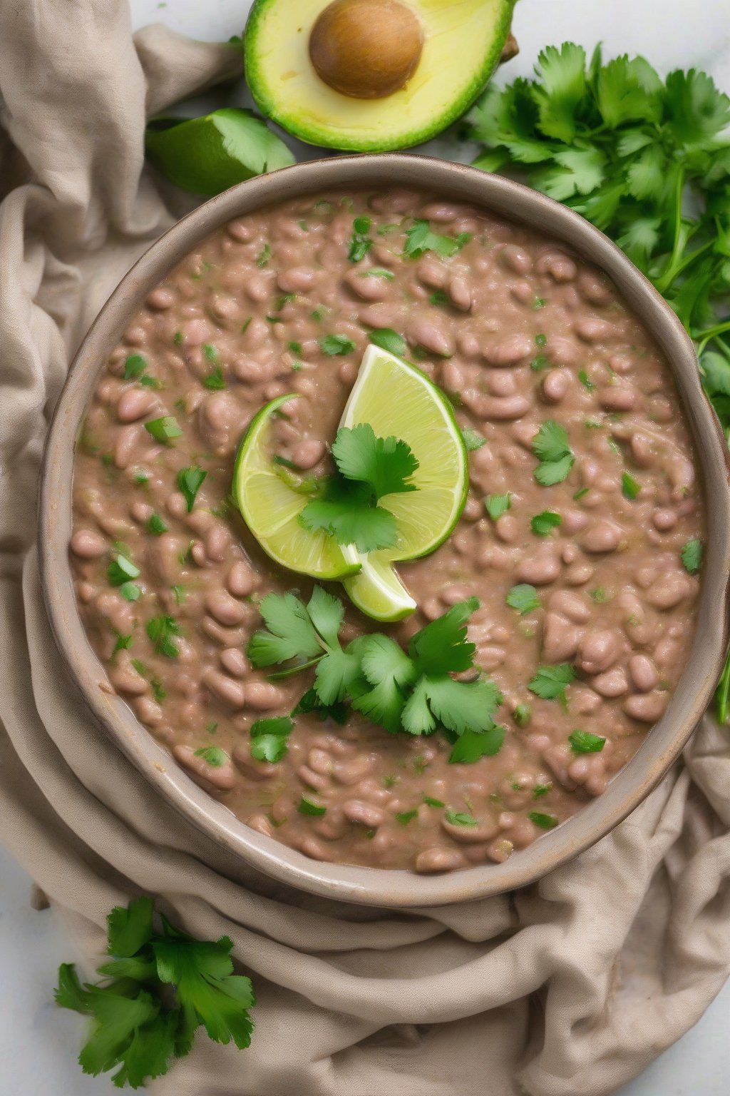 A high-resolution photo of lime cilantro smooth refried beans brightened with green flecks and lime wedges, under soft lighting.