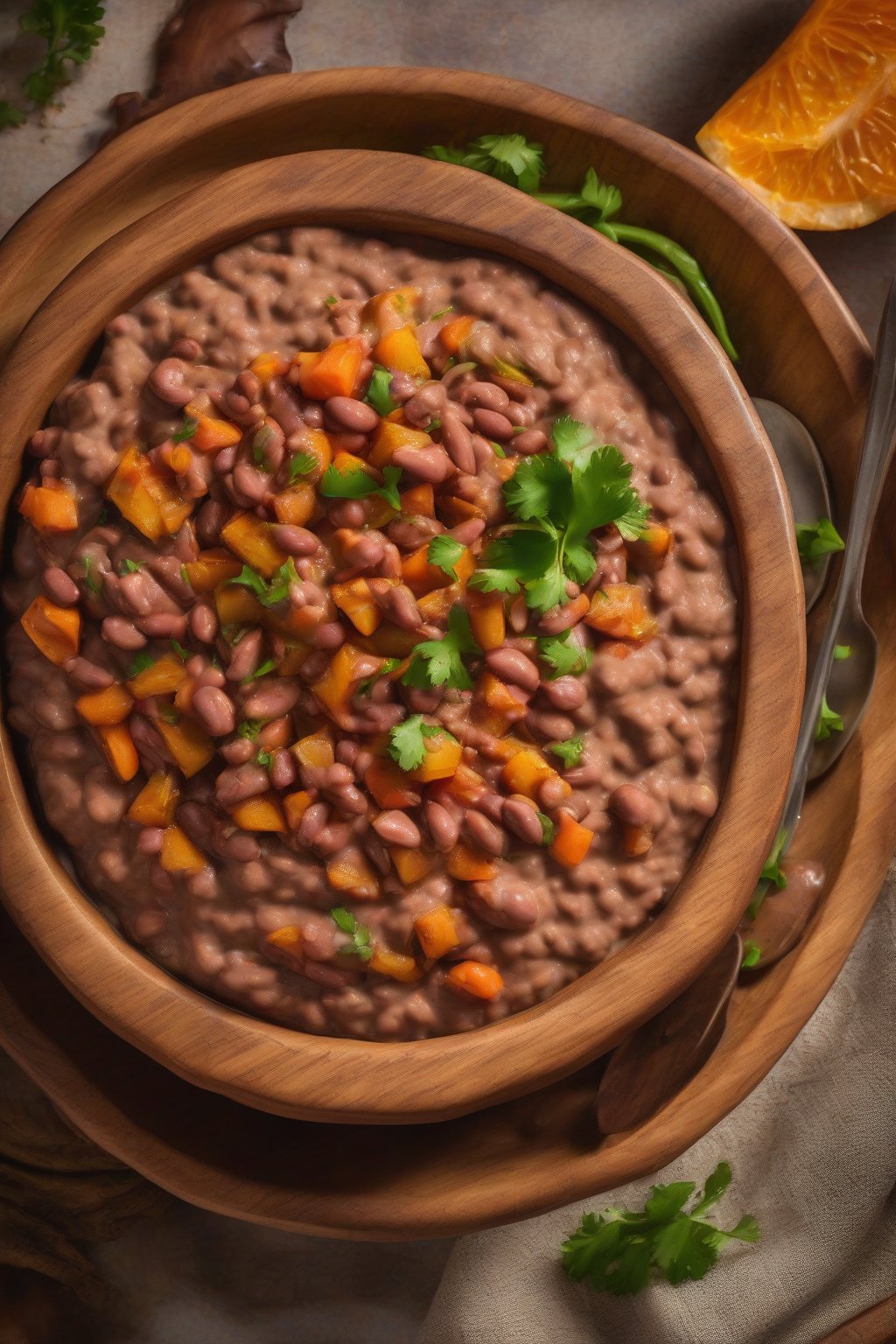 A high-resolution photo of roasted veggie smooth refried beans vibrant with orange hues, in a wooden bowl, under soft lighting.