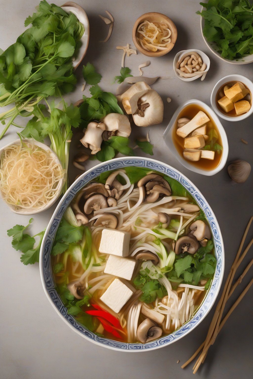 A high-resolution photo of vegetarian tofu pho with golden tofu cubes, mushrooms, and bean sprouts under soft lighting.