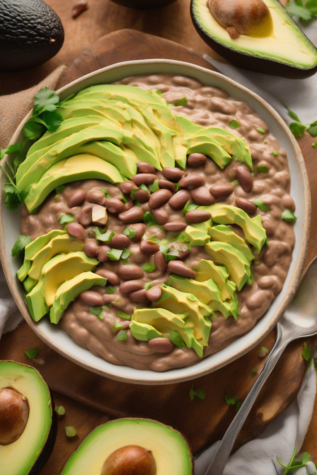 A high-resolution photo of avocado creamy smooth refried beans topped with avocado slices, glossy and inviting, under soft lighting.