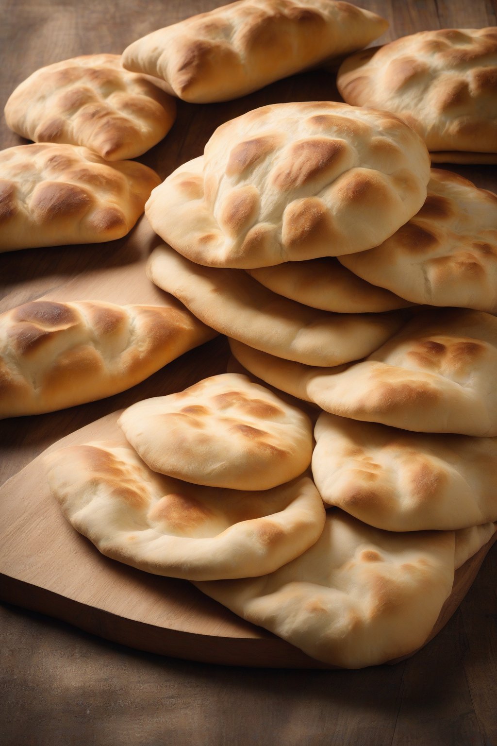 A high-resolution photo of golden, puffed classic soft pita breads stacked on a wooden board under soft lighting.