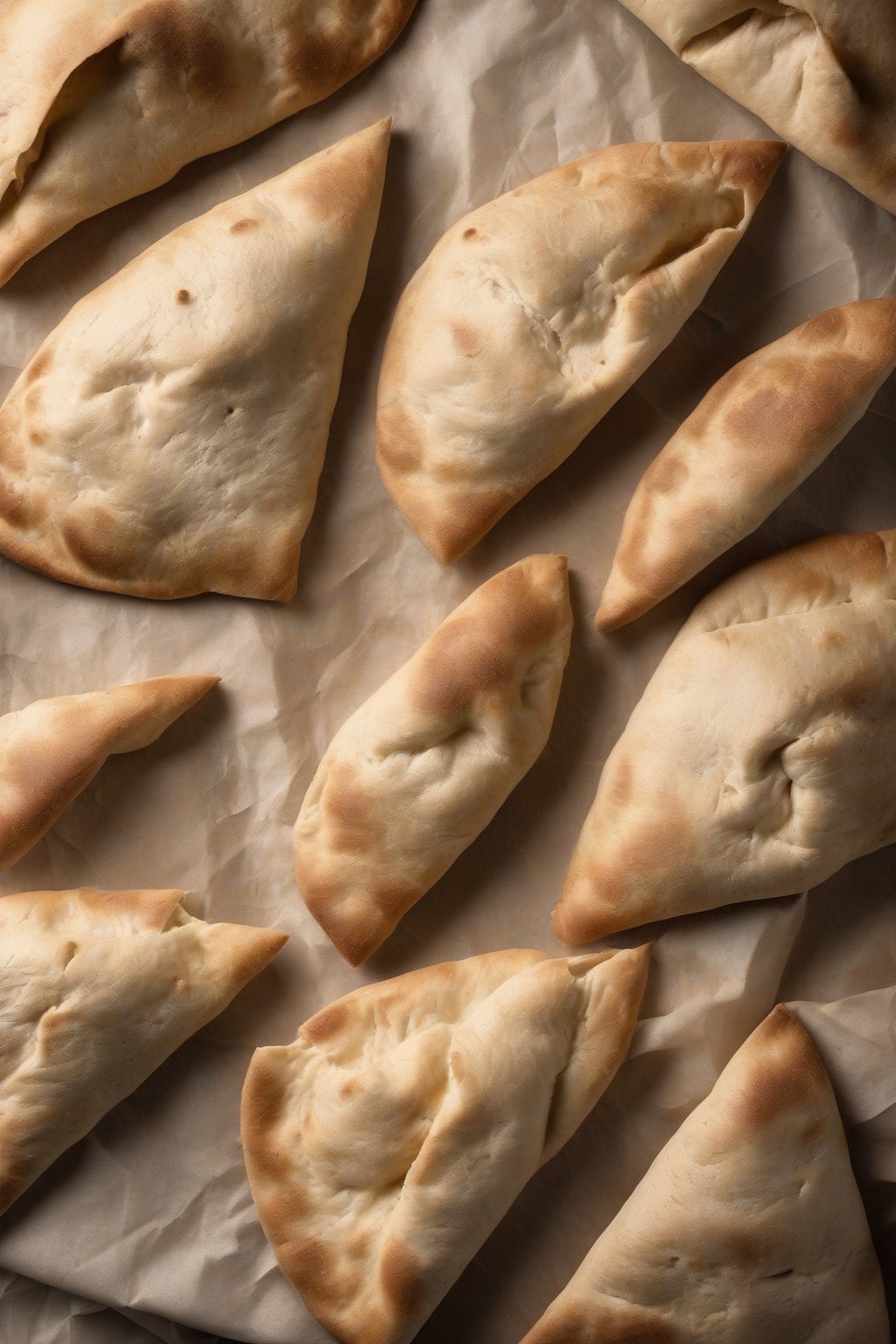 A high-resolution photo of rustic whole wheat soft pita breads with a slight sheen, arranged on parchment paper under soft lighting.