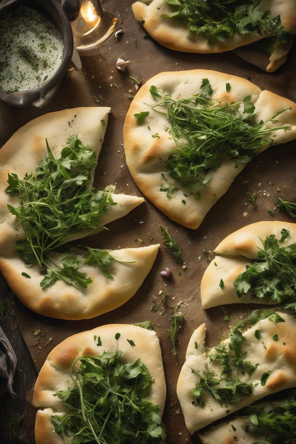 A high-resolution photo of garlic herb soft pita breads brushed with oil and sprinkled with greens, on a rustic table under soft lighting.