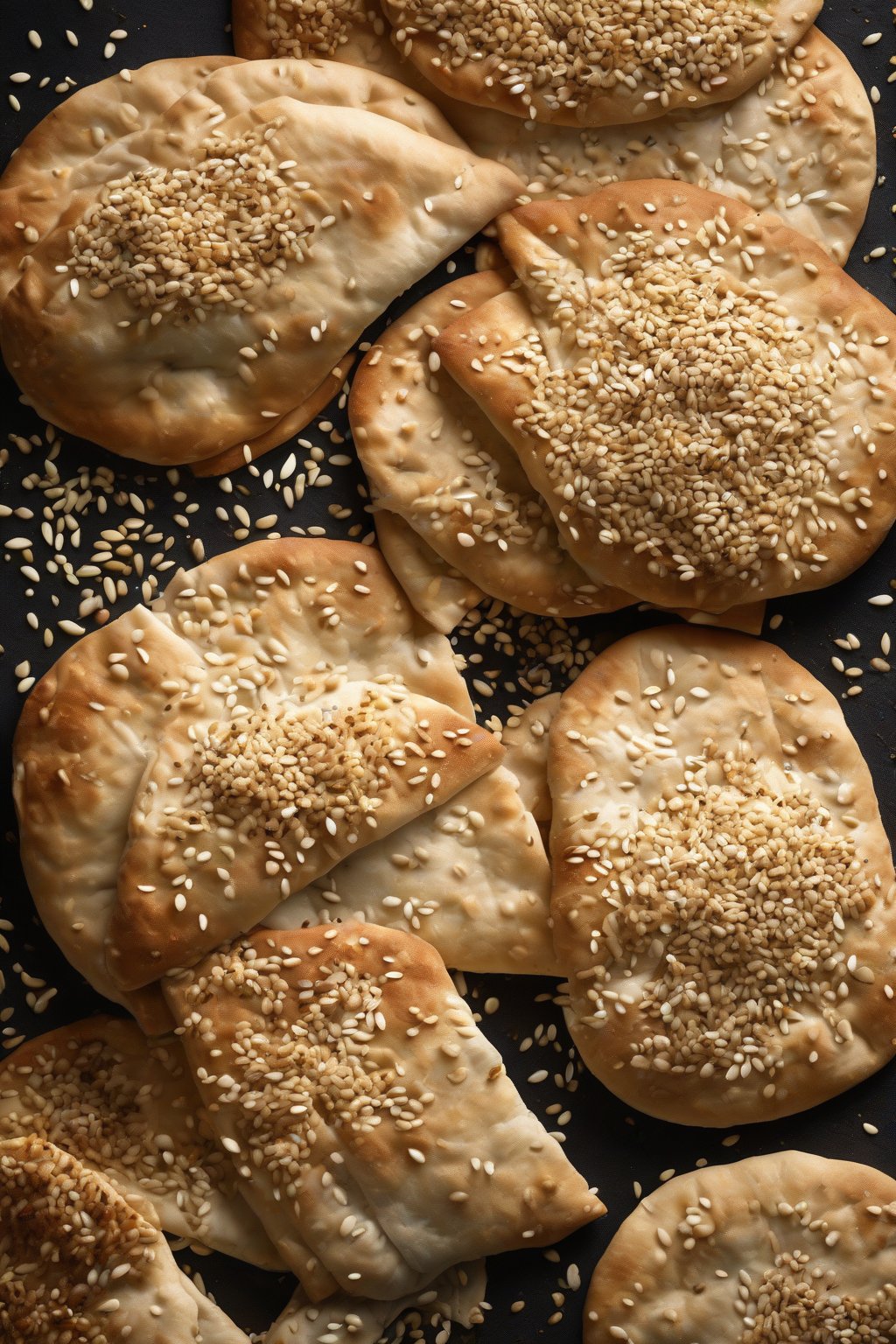 A high-resolution photo of sesame-crusted soft pita breads, seeds glistening, piled high under soft lighting.
