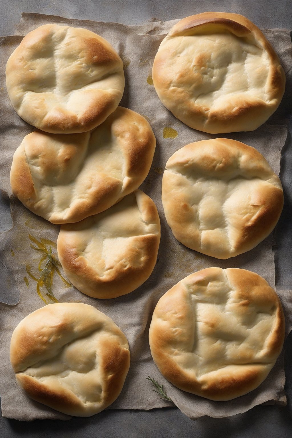 A high-resolution photo of glossy olive oil soft pita breads, slightly puffed with crispy edges, under soft lighting.