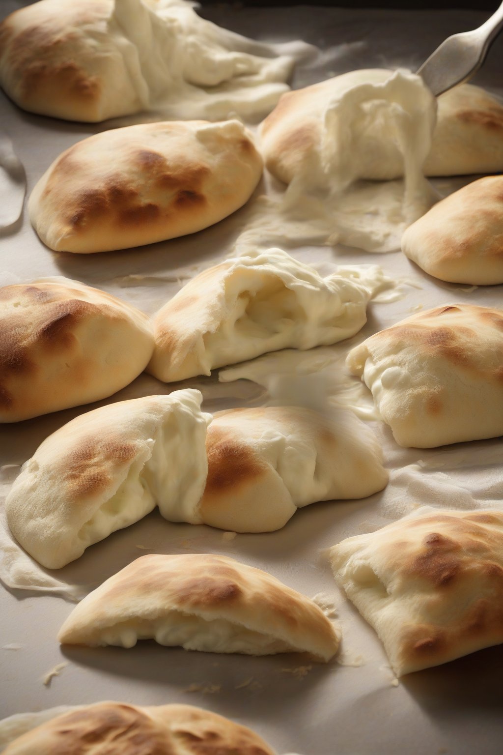 A high-resolution photo of fluffy yogurt-infused soft pita breads torn open to show steam, under soft lighting.