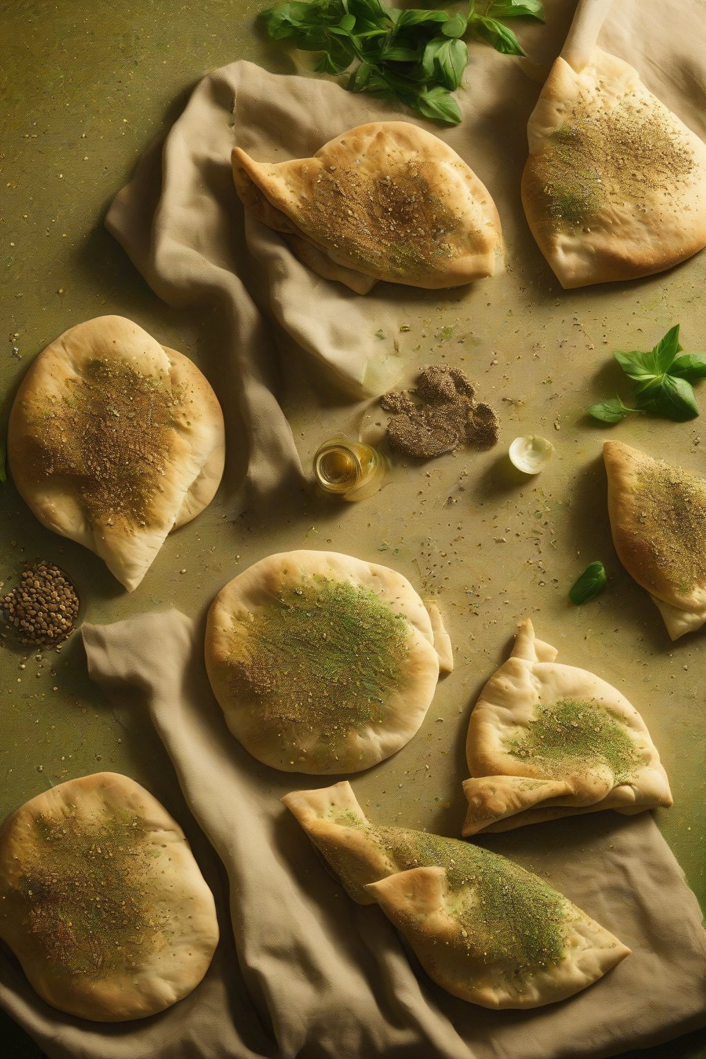 A high-resolution photo of za'atar-dusted soft pita breads, vibrant green flecks on golden surfaces, under soft lighting.