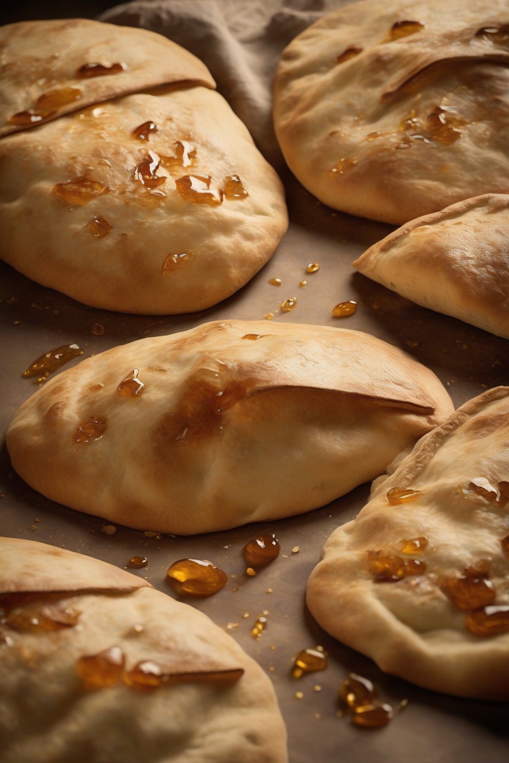 A high-resolution photo of honey-glazed whole grain soft pita breads with a warm amber hue, under soft lighting.