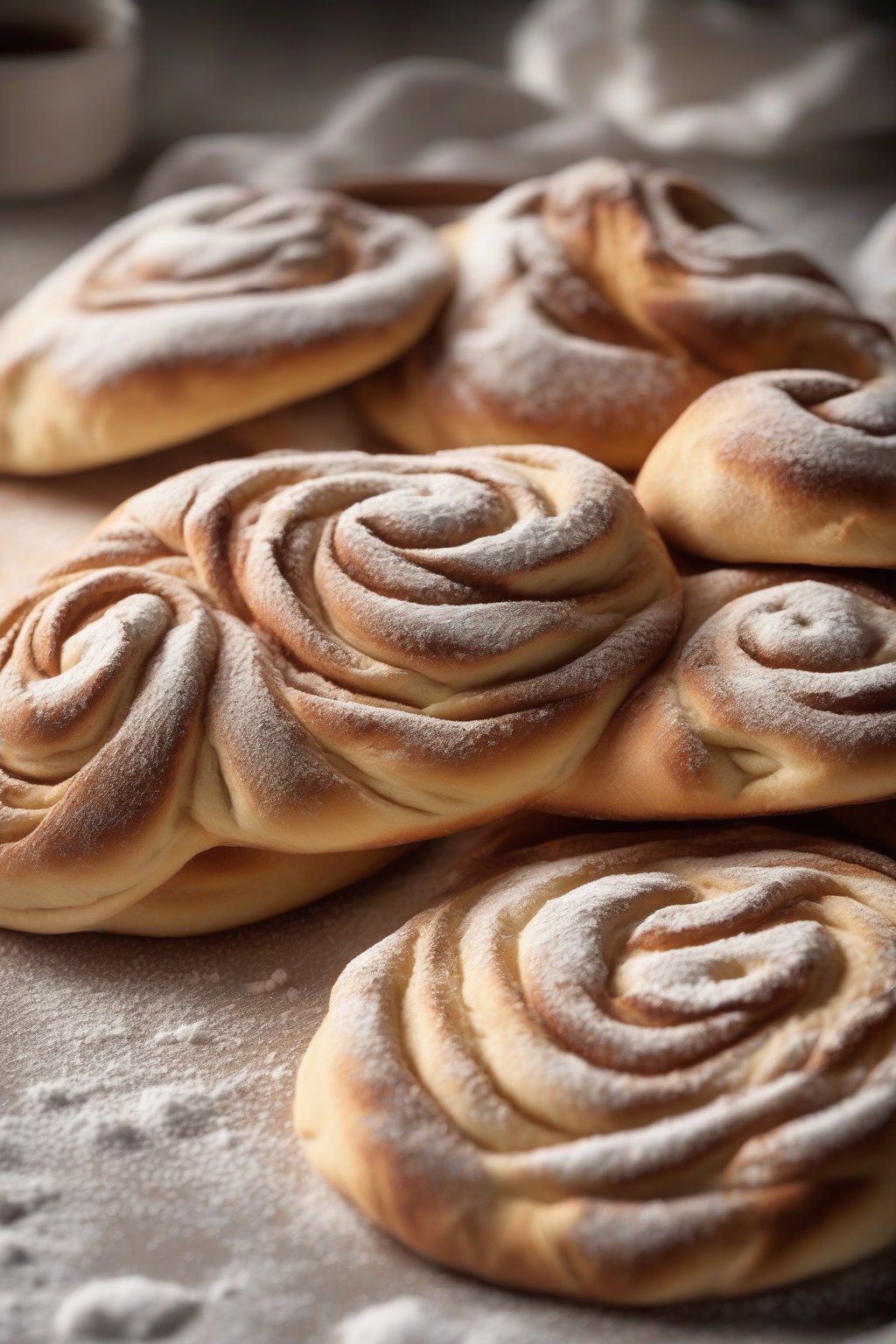 A high-resolution photo of swirled cinnamon soft pita breads, dusted with powdered sugar, under soft lighting.