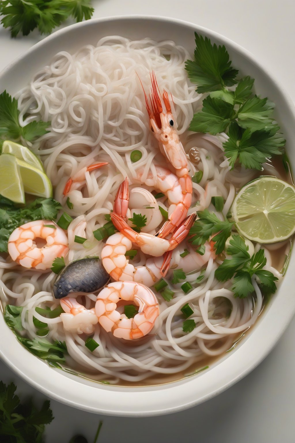 A high-resolution photo of seafood pho featuring plump shrimp and squid rings amid rice noodles and herbs under soft lighting.