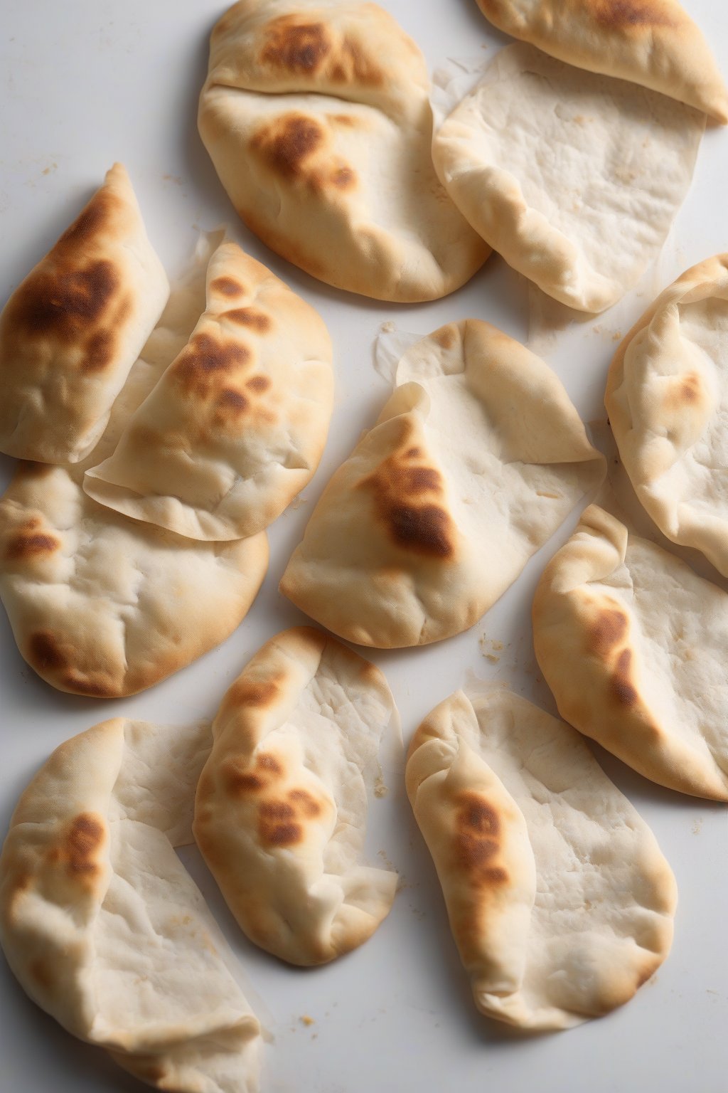 A high-resolution photo of gluten-free soft pita breads, pocket puffed open, on a clean white surface under soft lighting.