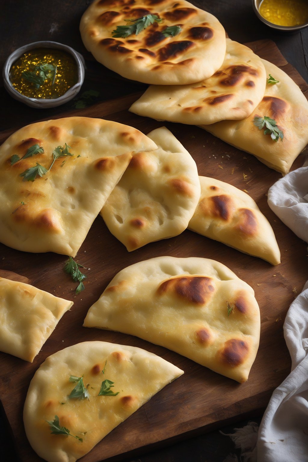A high-resolution photo of golden, pillowy plain soft naan bread glistening with ghee, stacked on a rustic wooden board under soft lighting.