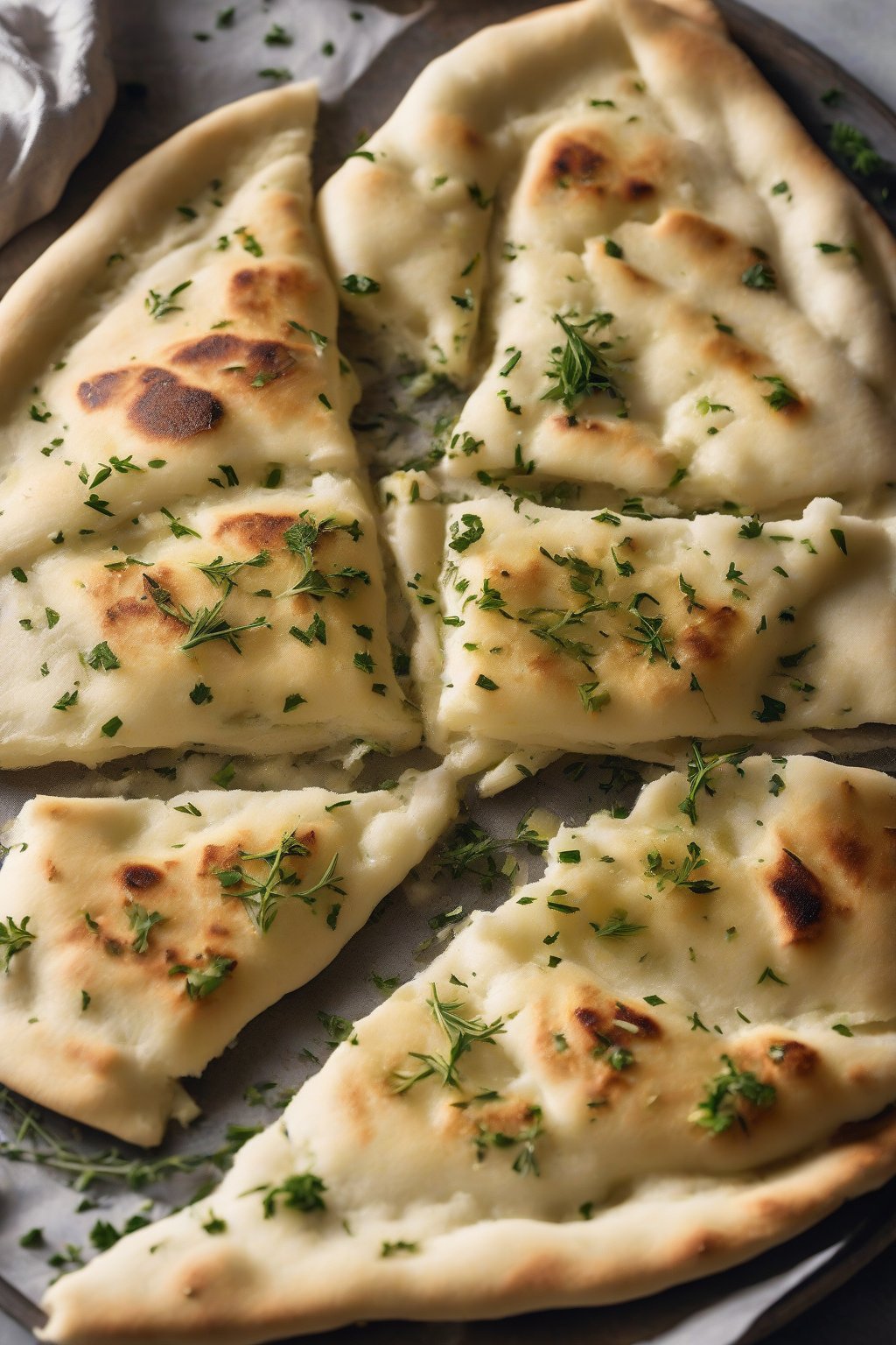 A high-resolution photo of fluffy garlic butter naan with golden edges and chopped herbs, torn open to show steam under soft lighting.