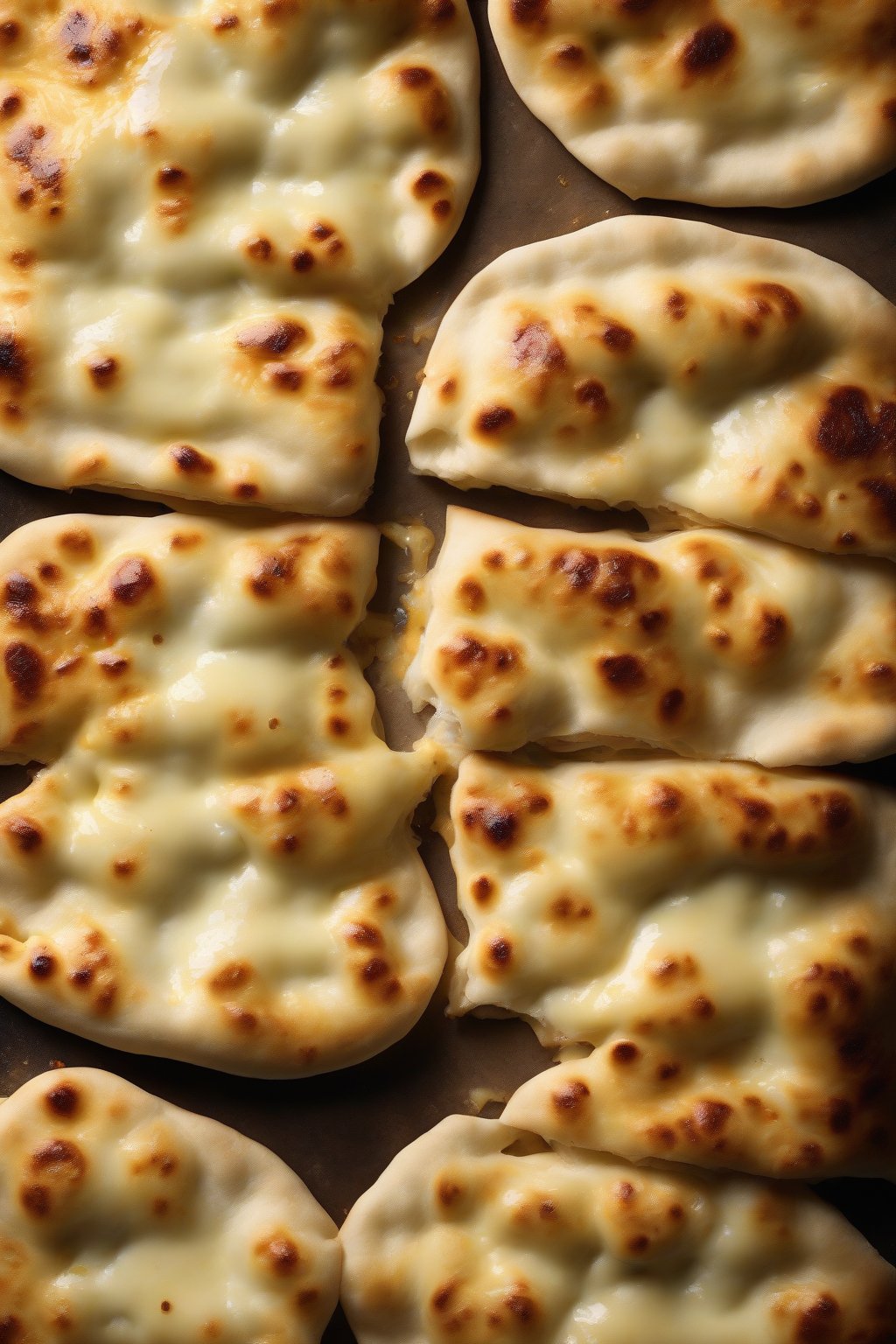 A high-resolution photo of cheese-stuffed naan oozing melted cheese, with crispy bubbled surface under soft lighting.
