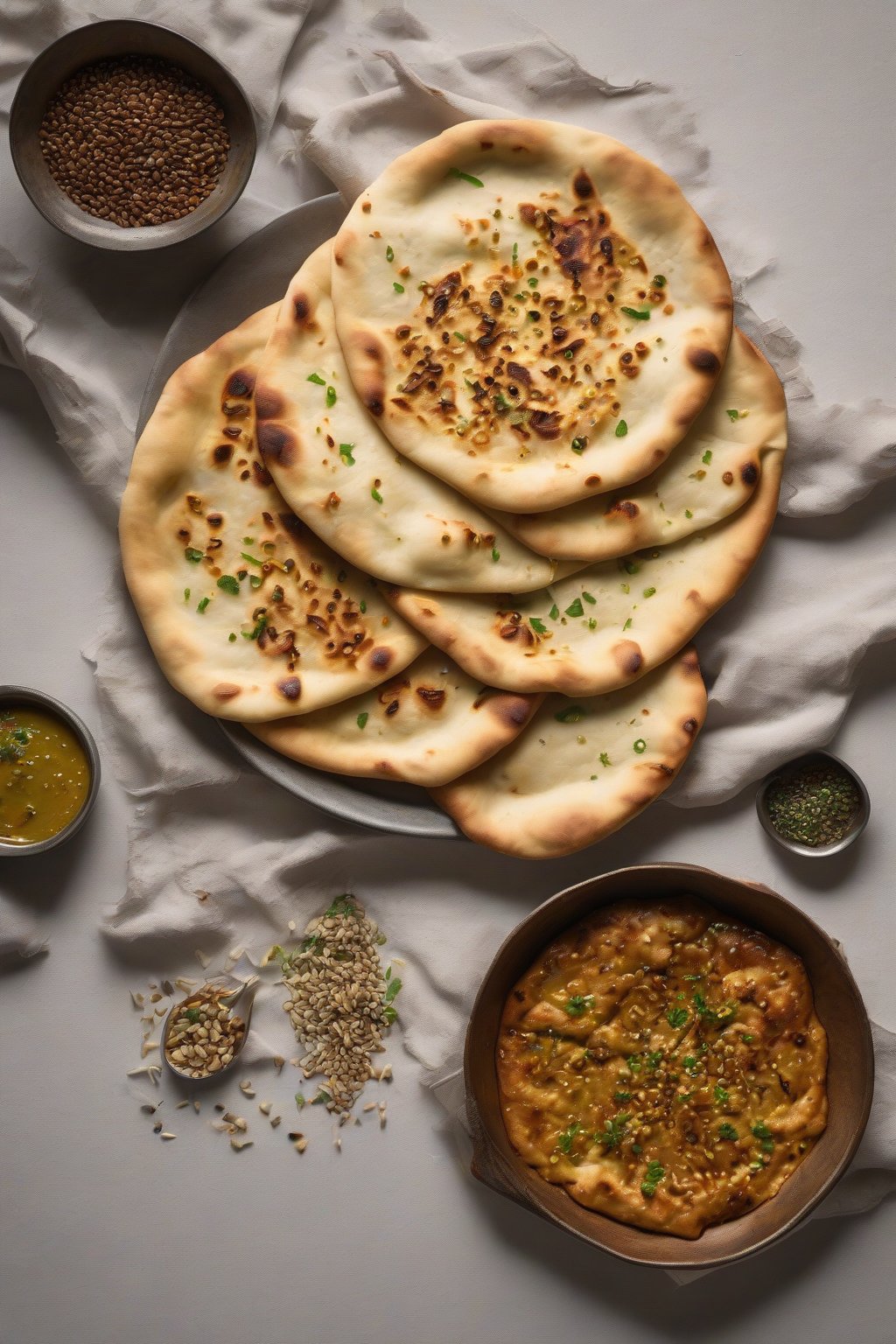 A high-resolution photo of onion-topped soft naan with caramelized edges and scattered seeds, beside a curry bowl under soft lighting.