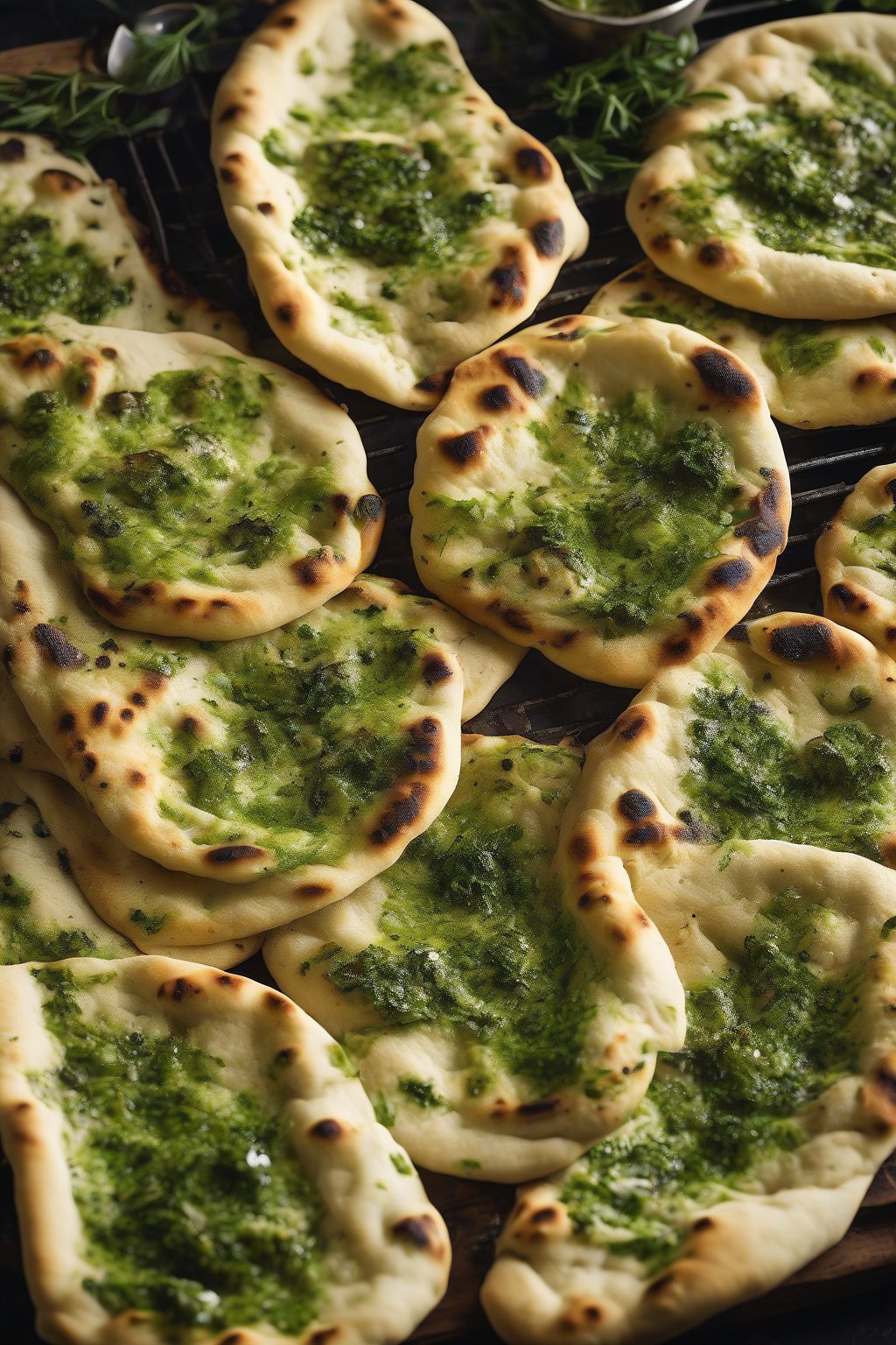 A high-resolution photo of vibrant green herb-flecked soft naan, freshly grilled with bubbles under soft lighting.