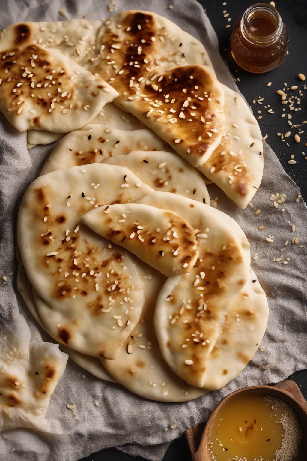 A high-resolution photo of glossy honey-drizzled soft naan sprinkled with sesame, soft and steaming under soft lighting.