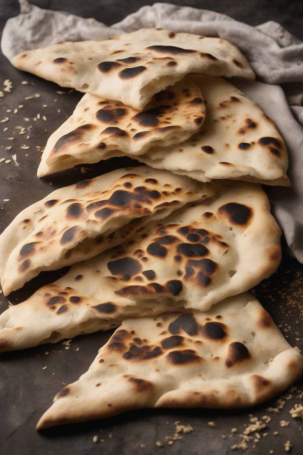 A high-resolution photo of rustic whole wheat soft naan with charred spots, torn to reveal airy texture under soft lighting.
