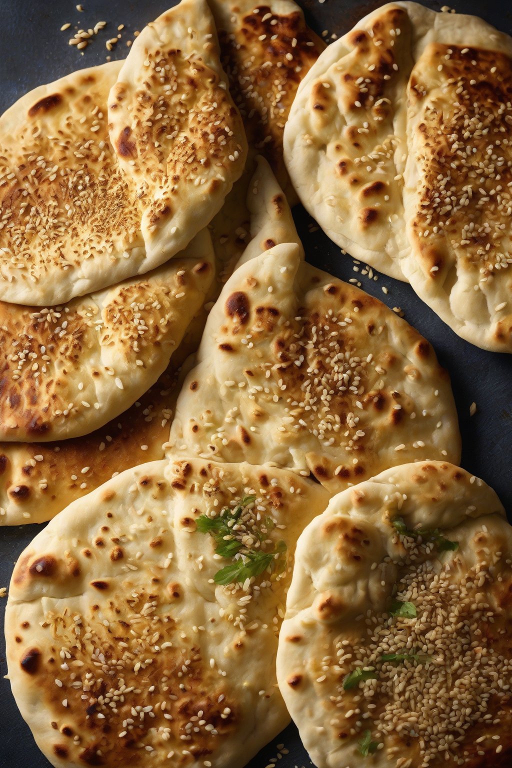 A high-resolution photo of sesame-crusted soft naan, golden and textured, with ghee shine under soft lighting.