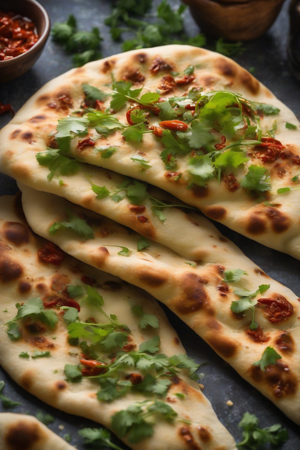 A high-resolution photo of red chili-flecked soft naan with green coriander, bubbled and aromatic under soft lighting.