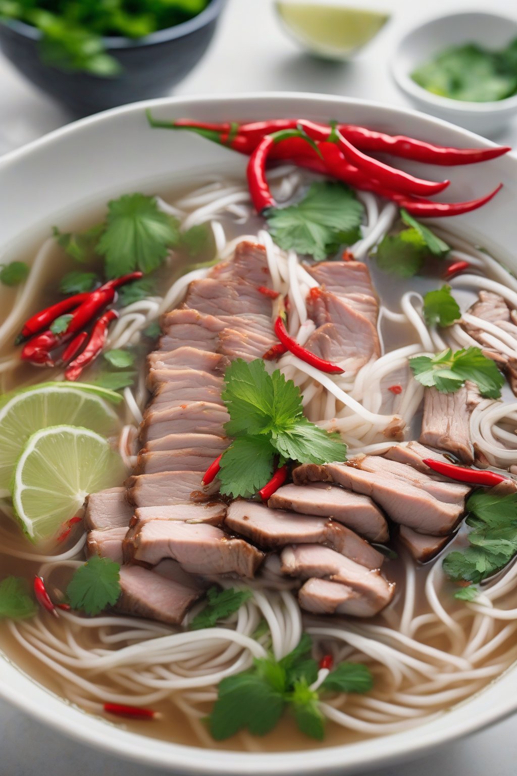 A high-resolution photo of spicy lemongrass pork pho with sliced pork, red chilies, and fresh mint under soft lighting.
