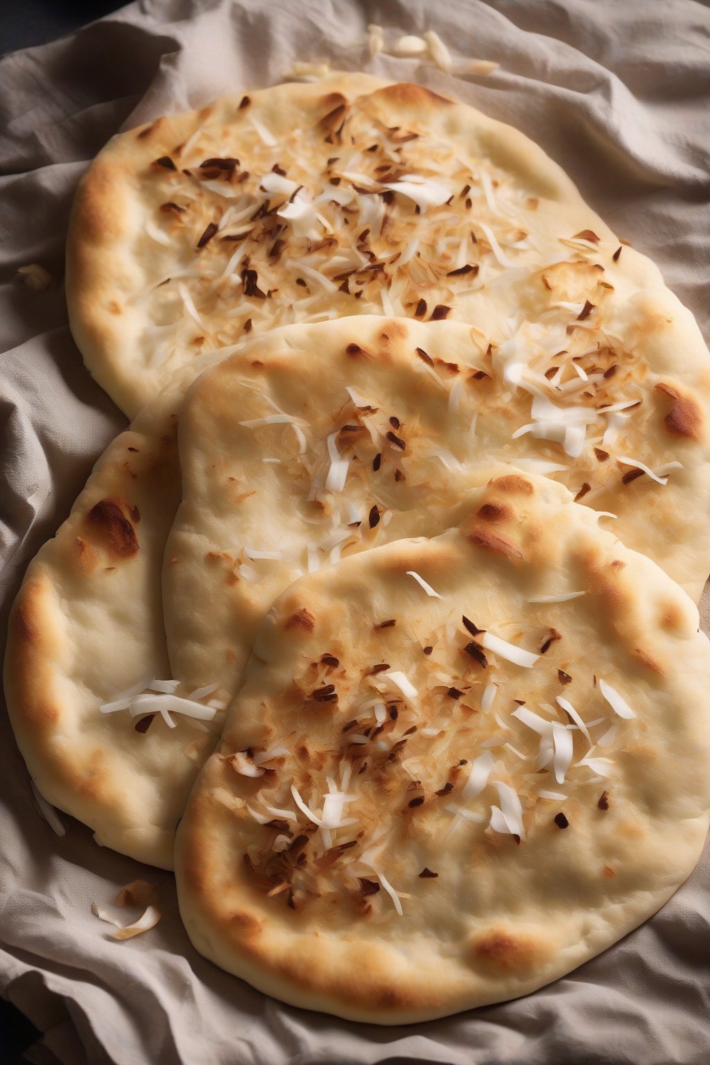 A high-resolution photo of fluffy coconut soft naan dusted with shreds, warm and inviting under soft lighting.