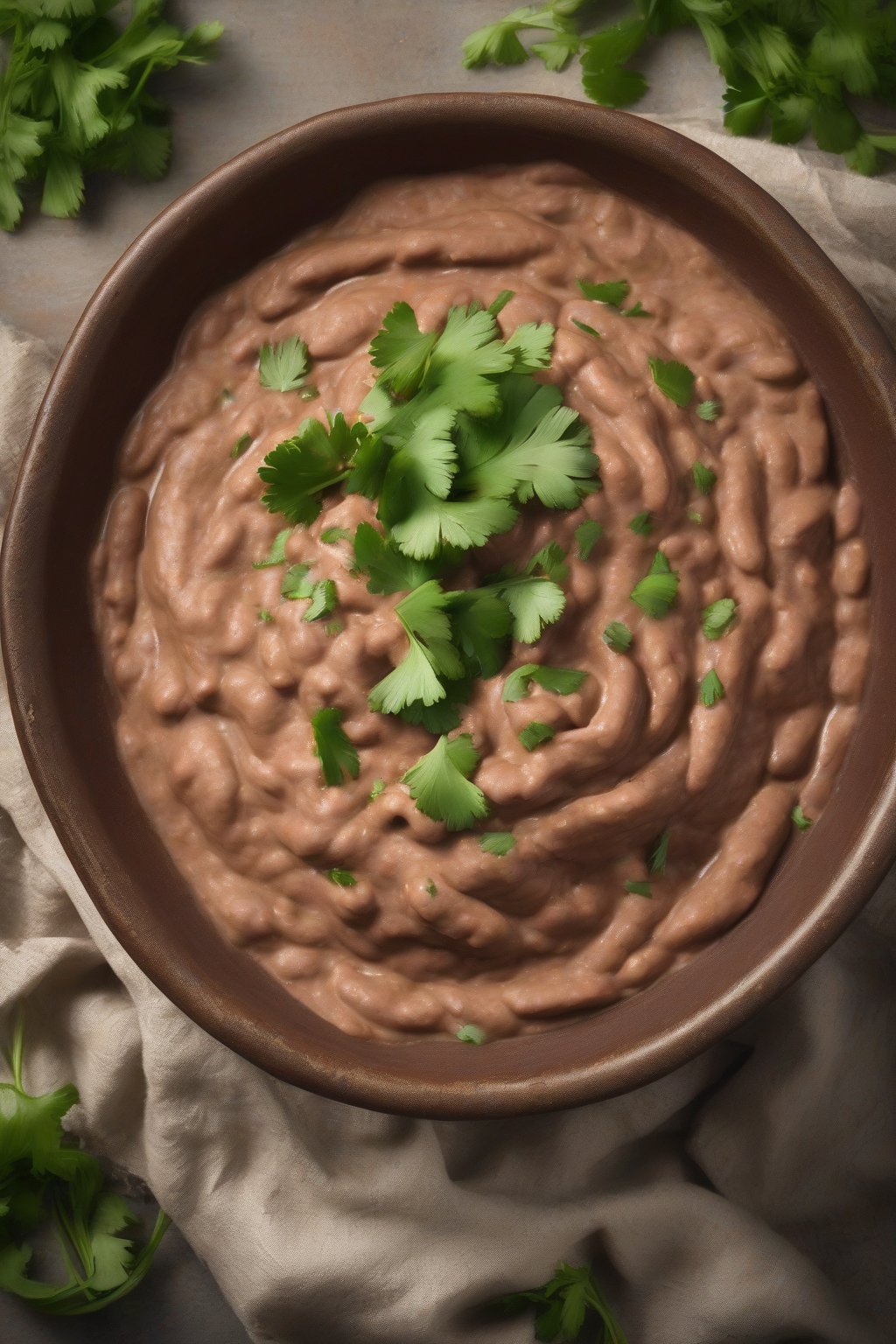 A high-resolution photo of classic smooth refried beans in a rustic clay bowl, garnished with cilantro, under soft lighting.