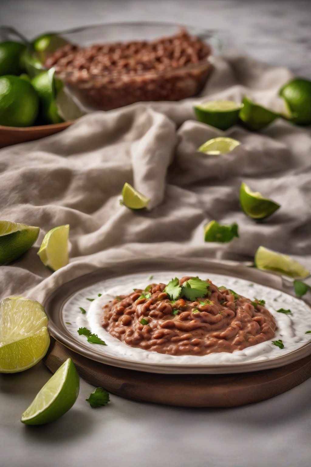 A high-resolution photo of spicy chipotle refried beans swirled on a plate with lime wedges, under soft lighting.