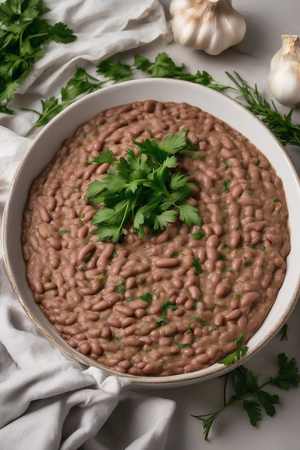 A high-resolution photo of garlic herb refried beans in a white dish topped with herb sprigs, under soft lighting.