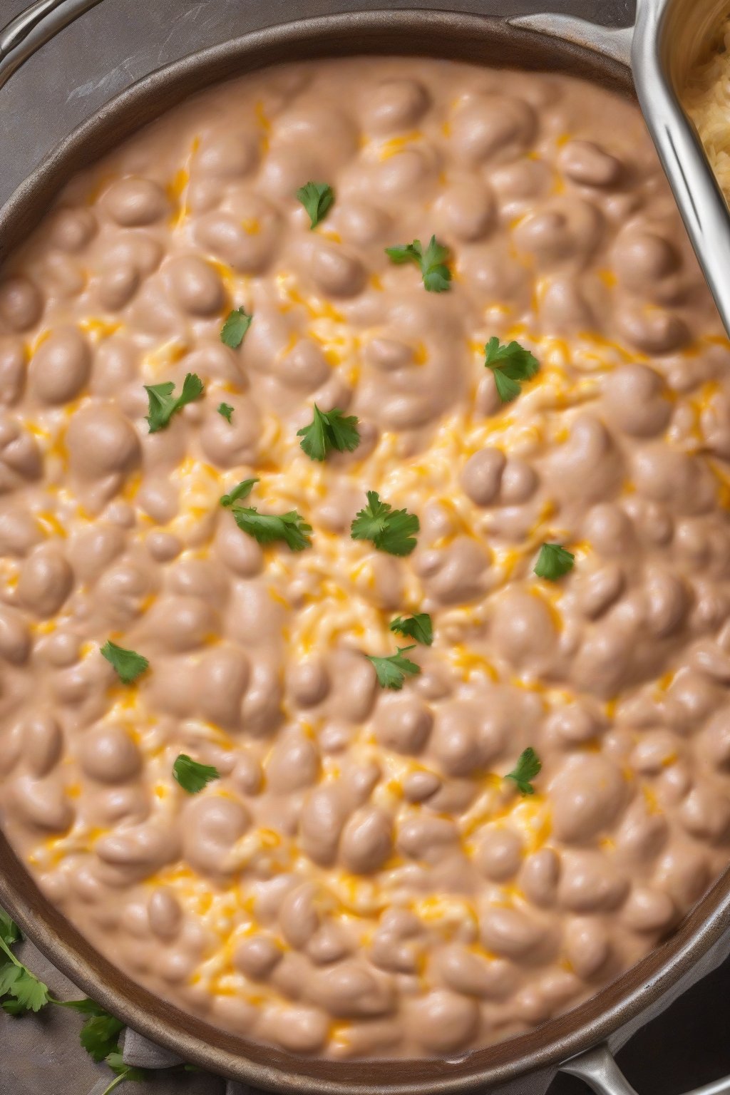 A high-resolution photo of cheesy smooth refried beans bubbling with golden cheese pull, under soft lighting.