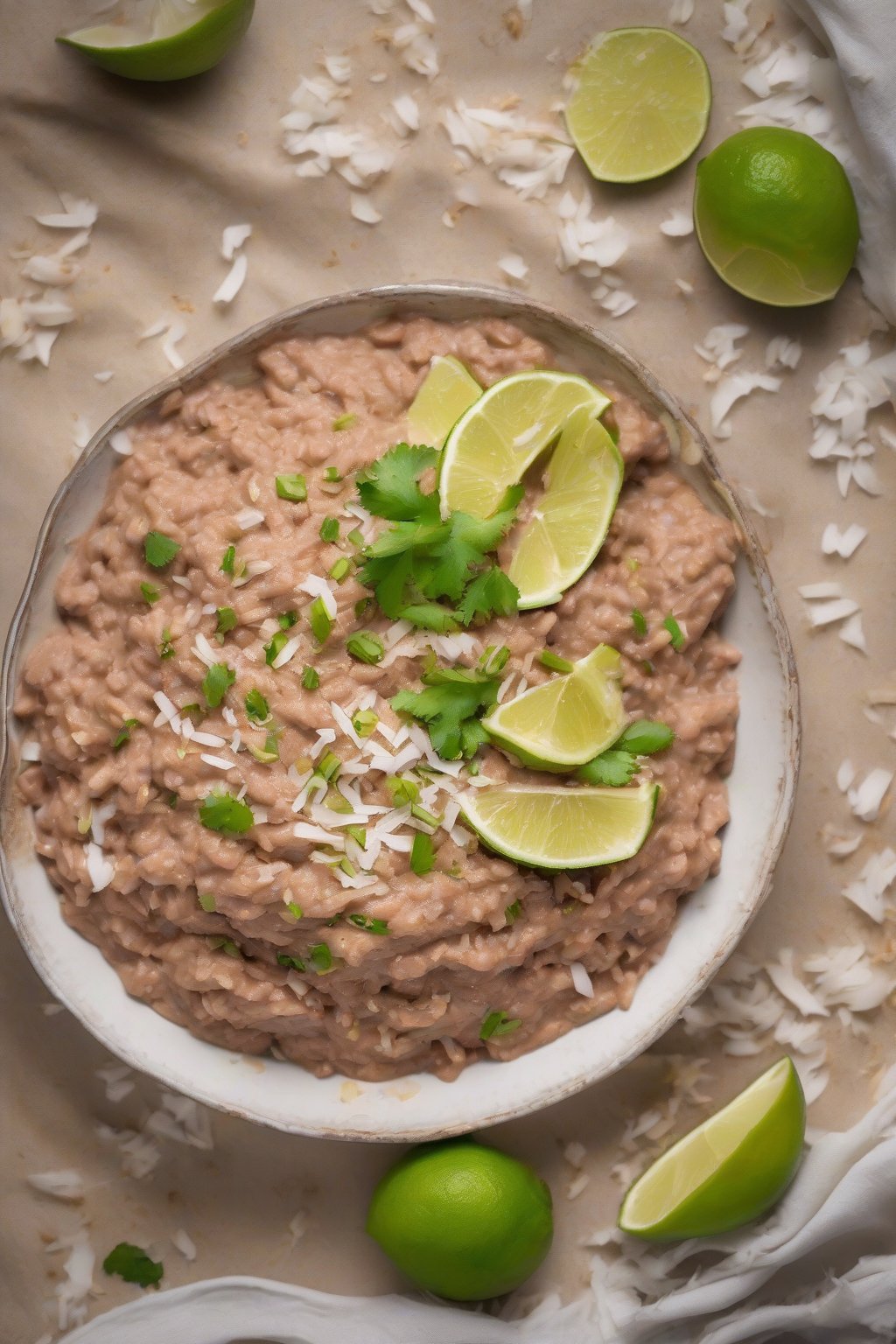 A high-resolution photo of vegan coconut refried beans with coconut flakes and lime zest, under soft lighting.