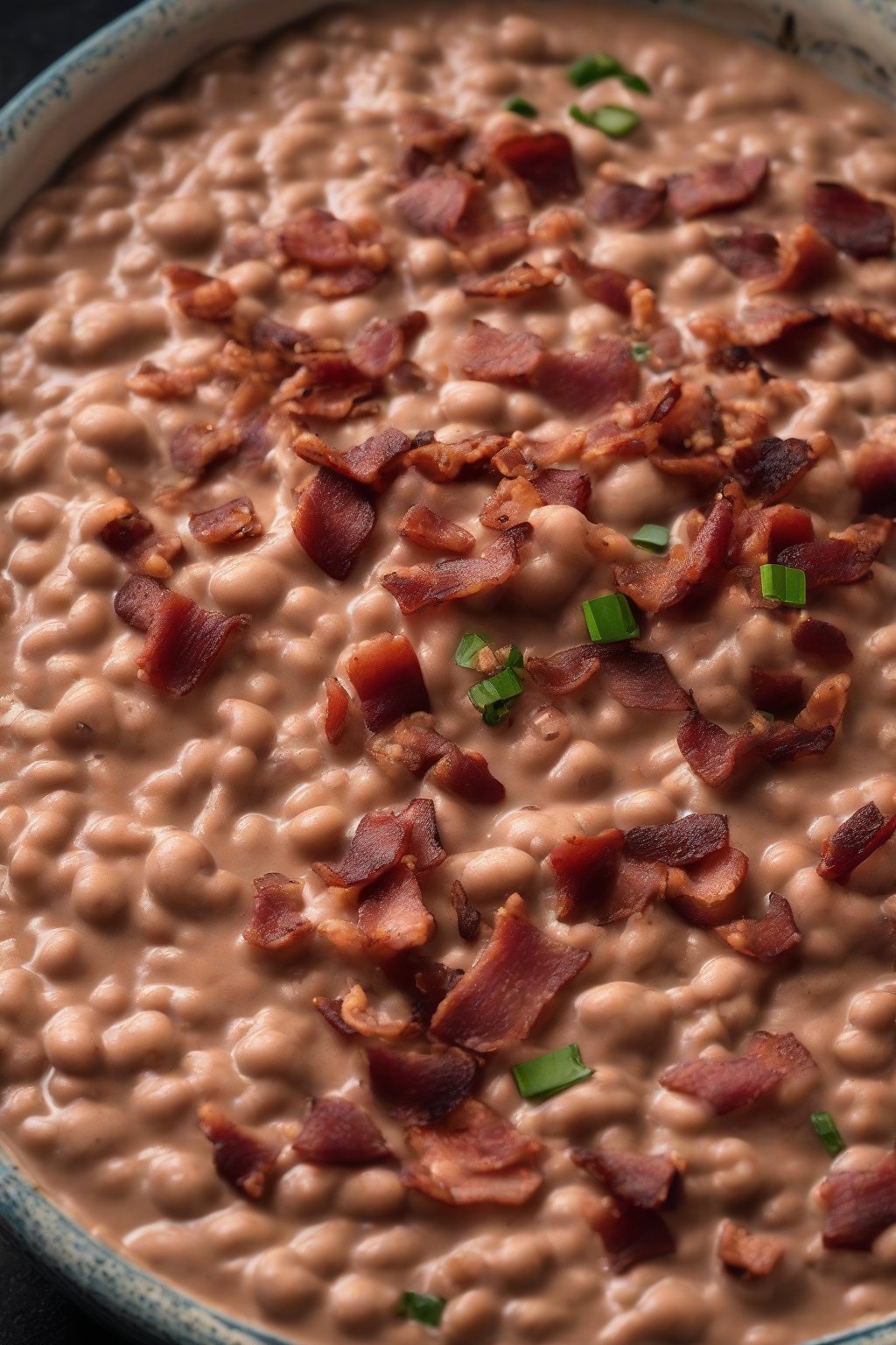A high-resolution photo of smoky bacon refried beans scattered with bacon bits, under soft lighting.