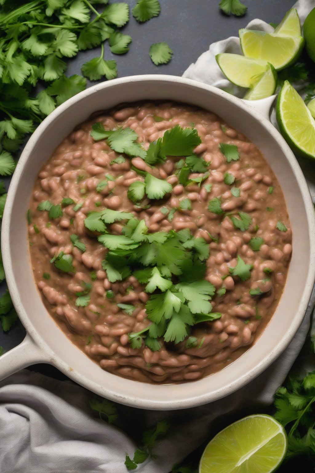 A high-resolution photo of lime cilantro refried beans garnished with fresh cilantro and lime slices, under soft lighting.