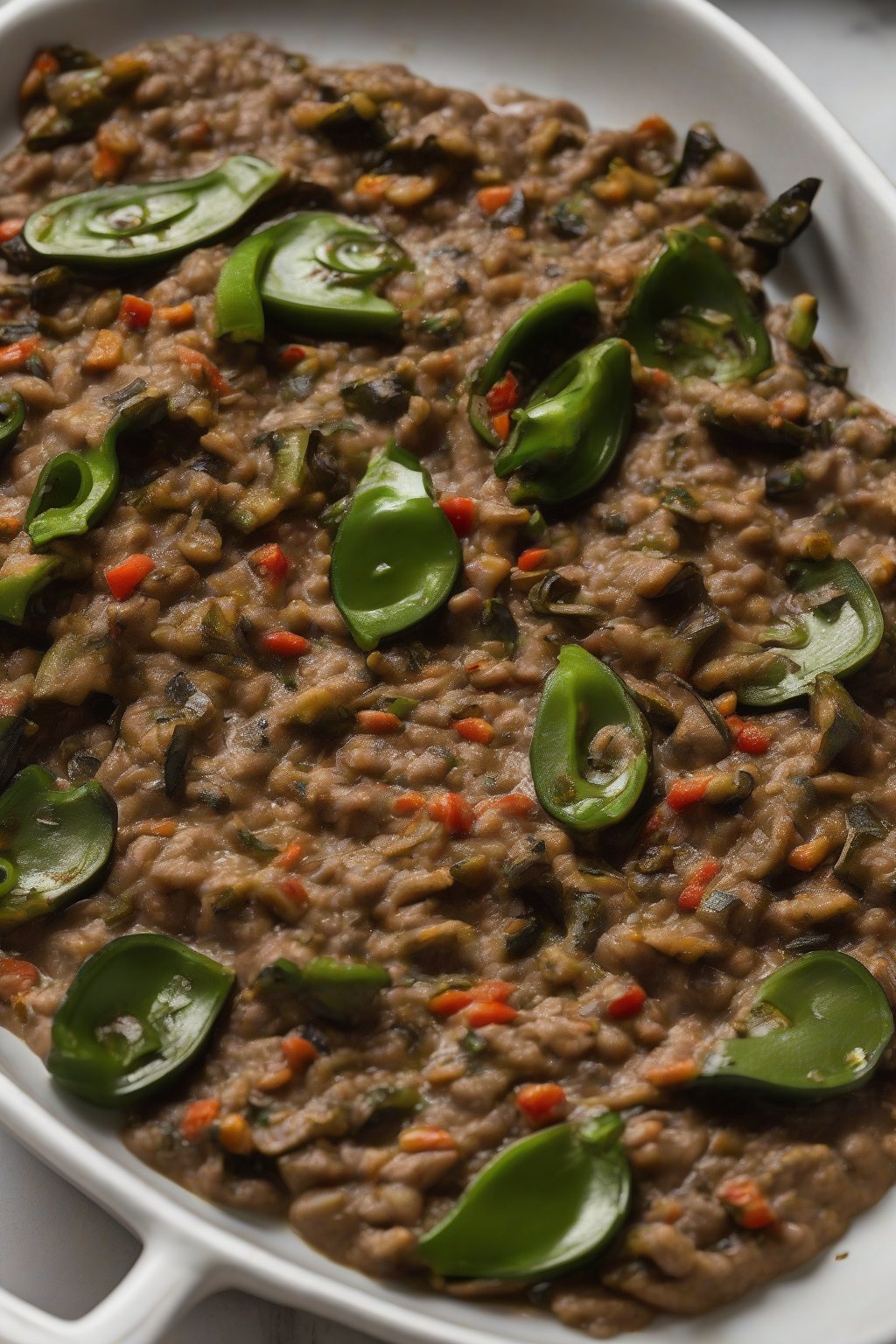 A high-resolution photo of roasted poblano refried beans with charred pepper flecks, under soft lighting.