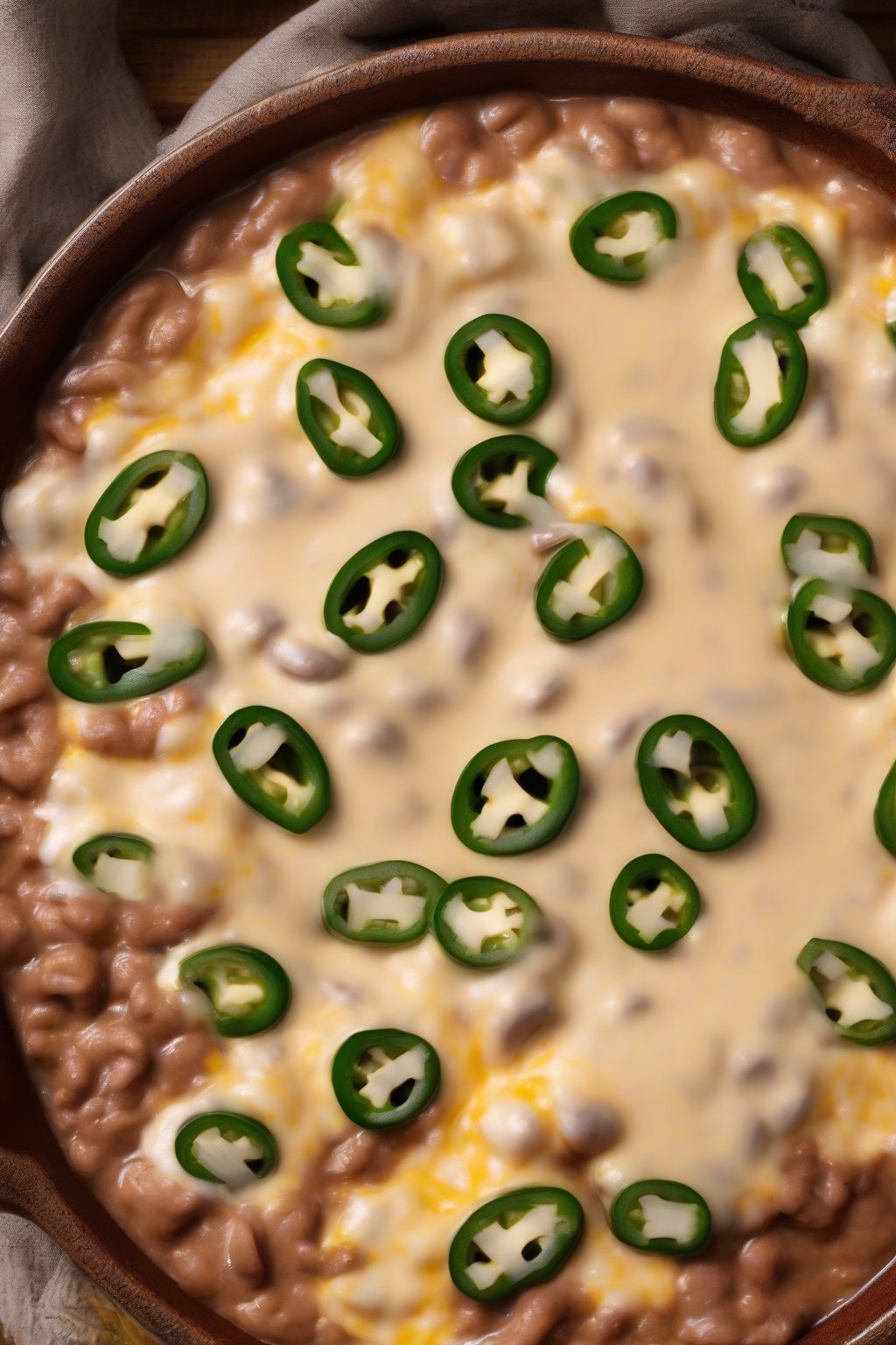 A high-resolution photo of jalapeño jack refried beans oozing melted cheese with jalapeño slices, under soft lighting.