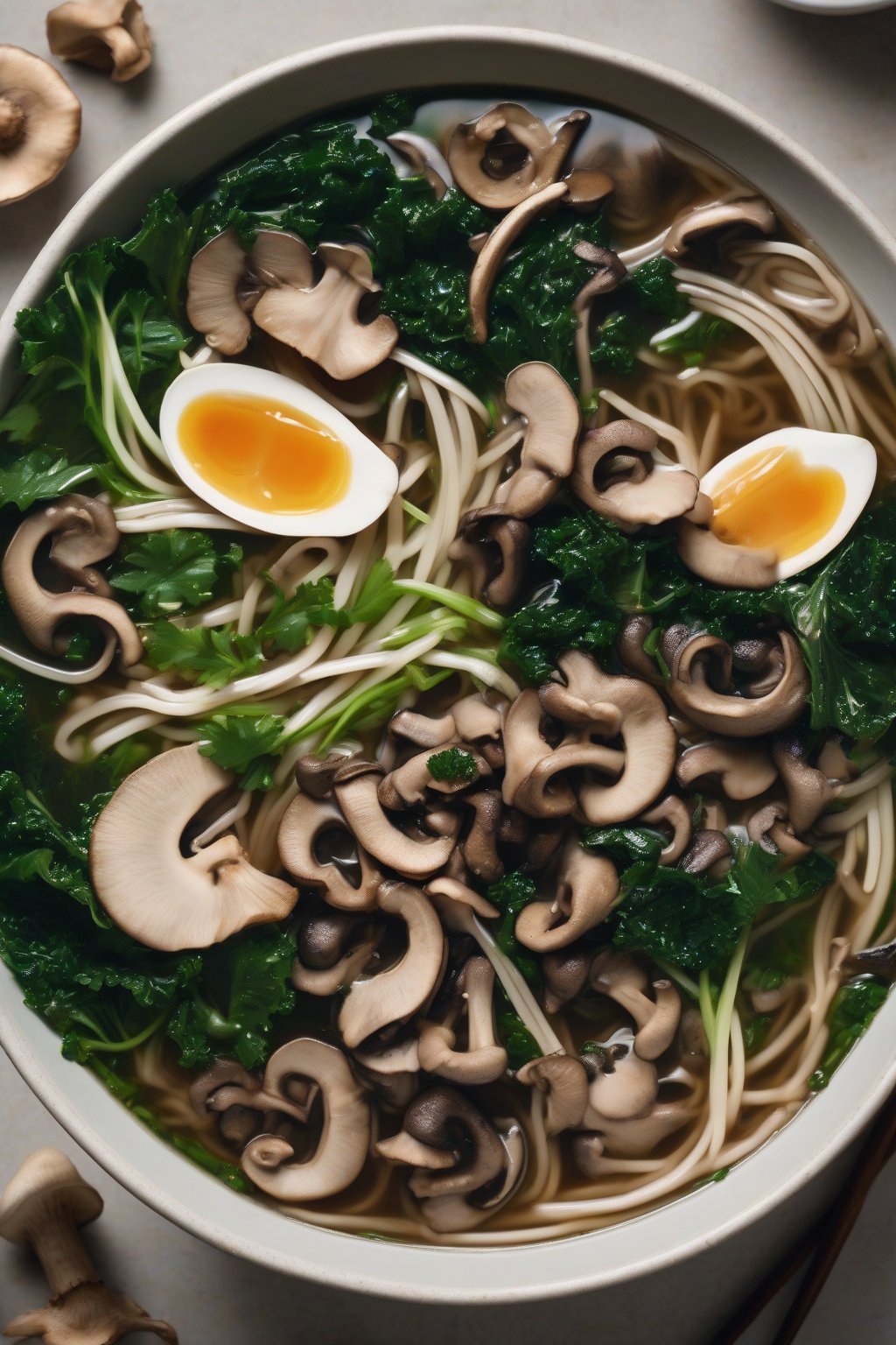 A high-resolution photo of mushroom kale pho brimming with wild mushrooms, green kale, and sesame under soft lighting.