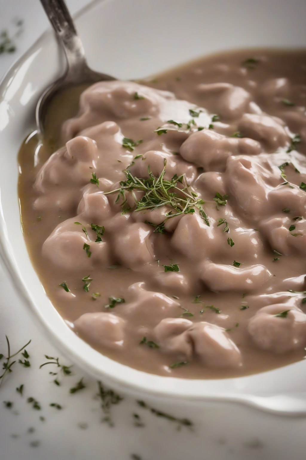 A high-resolution photo of truffle-infused smooth refried beans drizzled with oil and thyme, under soft lighting.