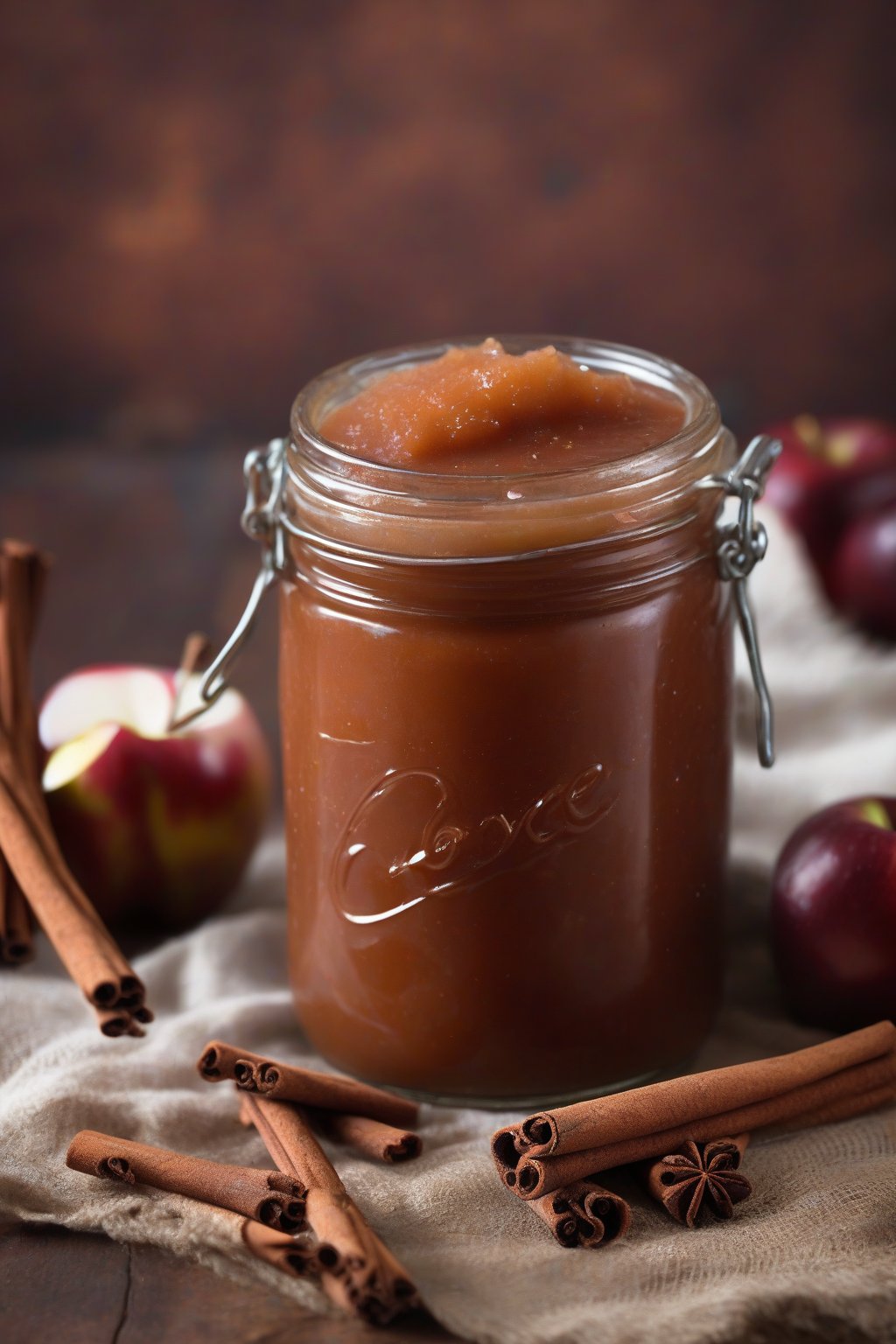 A high-resolution photo of classic cinnamon clove apple butter in a rustic jar, topped with a cinnamon stick, under soft lighting.