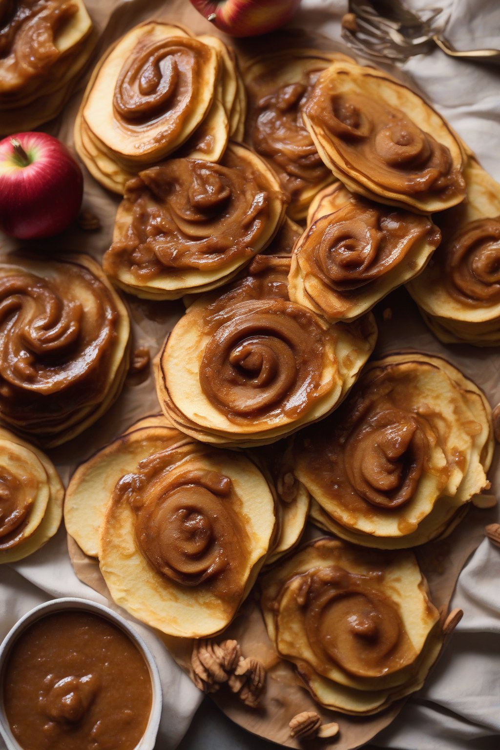 A high-resolution photo of pumpkin pie spiced apple butter swirled on pancakes, garnished with nutmeg, under soft lighting.