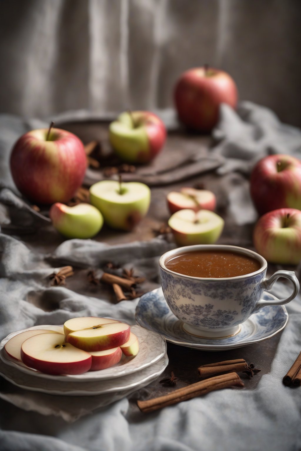 A high-resolution photo of chai spiced apple butter in a teacup with apple slices, steam rising, under soft lighting.