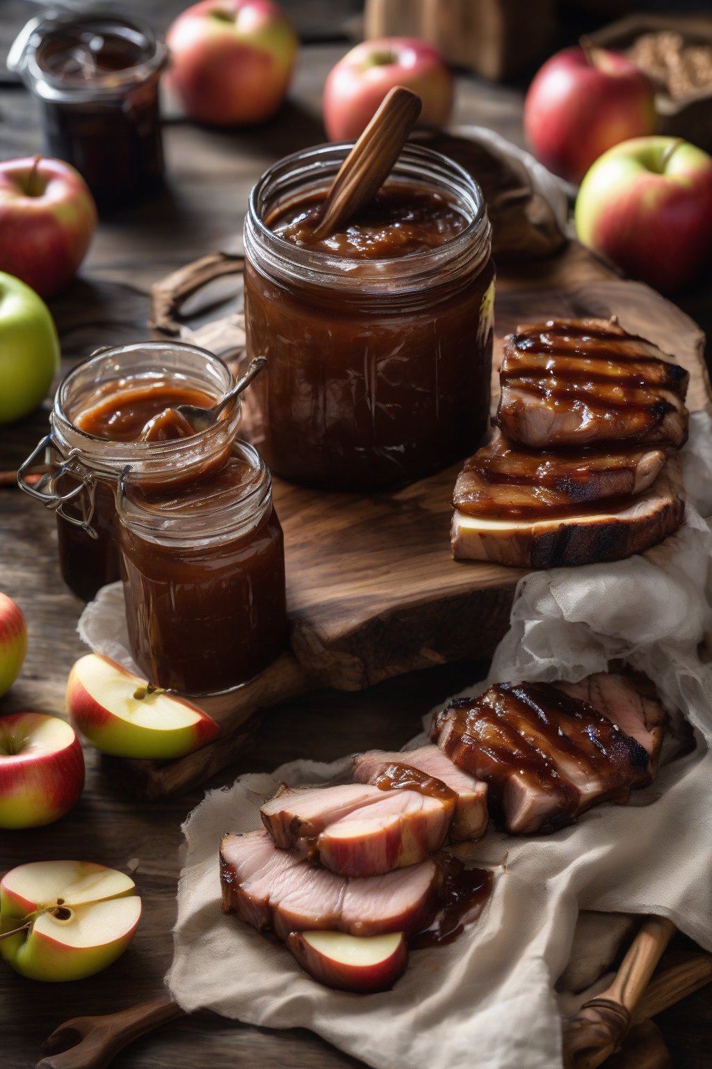 A high-resolution photo of bourbon spiced apple butter drizzled over grilled pork, barrel stave in background, under soft lighting.