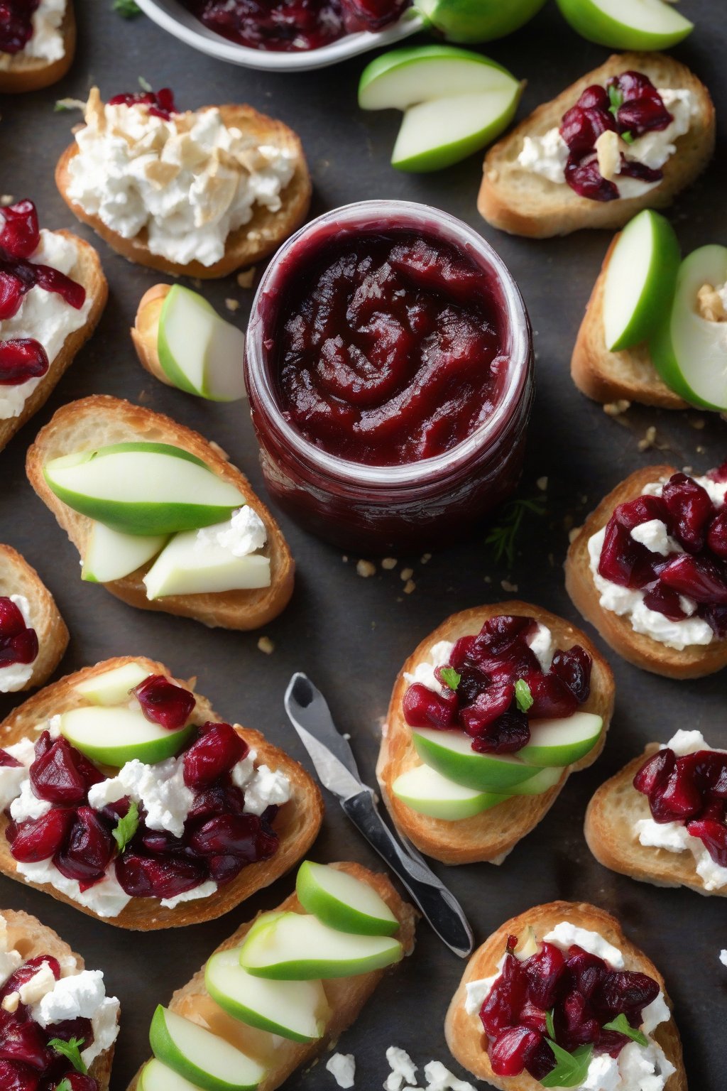 A high-resolution photo of cranberry ginger apple butter on crostini with goat cheese, under soft lighting.