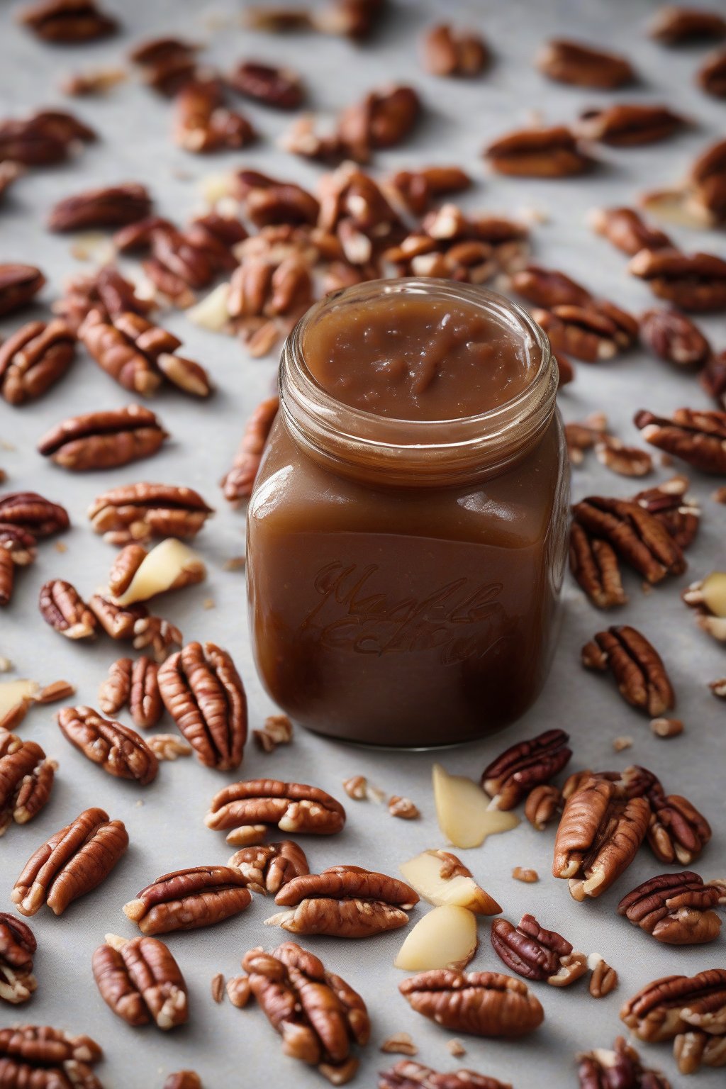 A high-resolution photo of maple pecan apple butter in a jar with whole pecans scattered around, under soft lighting.