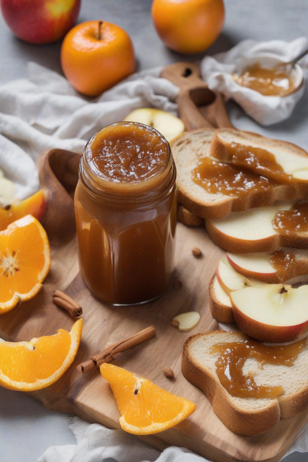 A high-resolution photo of cardamom orange apple butter on toast with orange slices, under soft lighting.