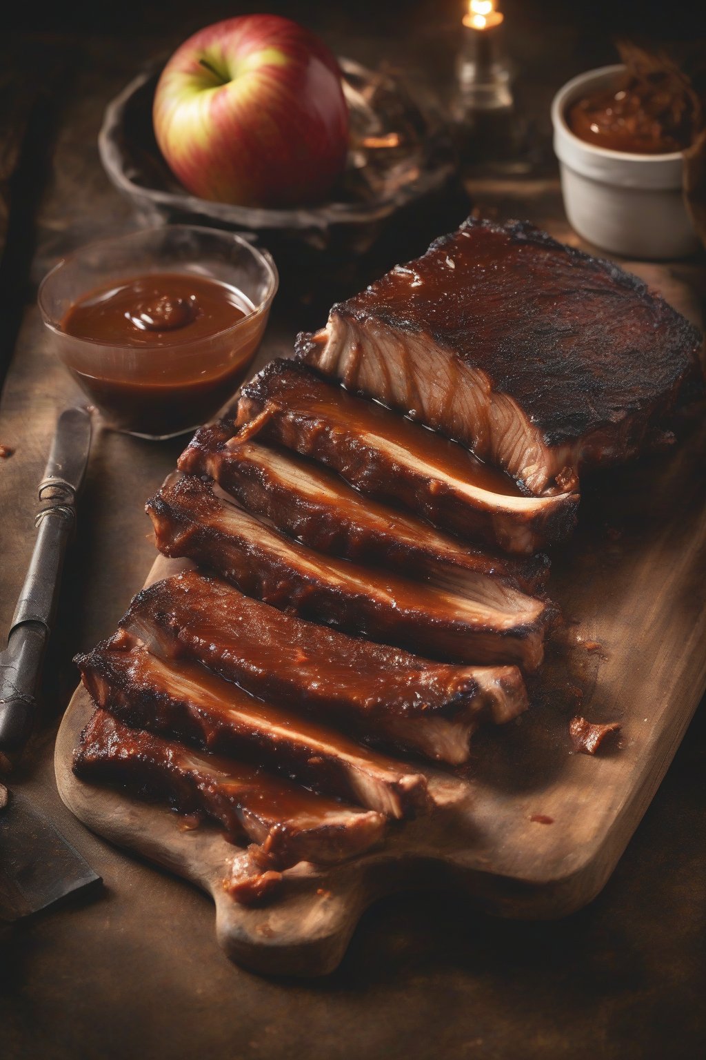 A high-resolution photo of smoky chipotle apple butter brushed on ribs, smoke wisps, under soft lighting.