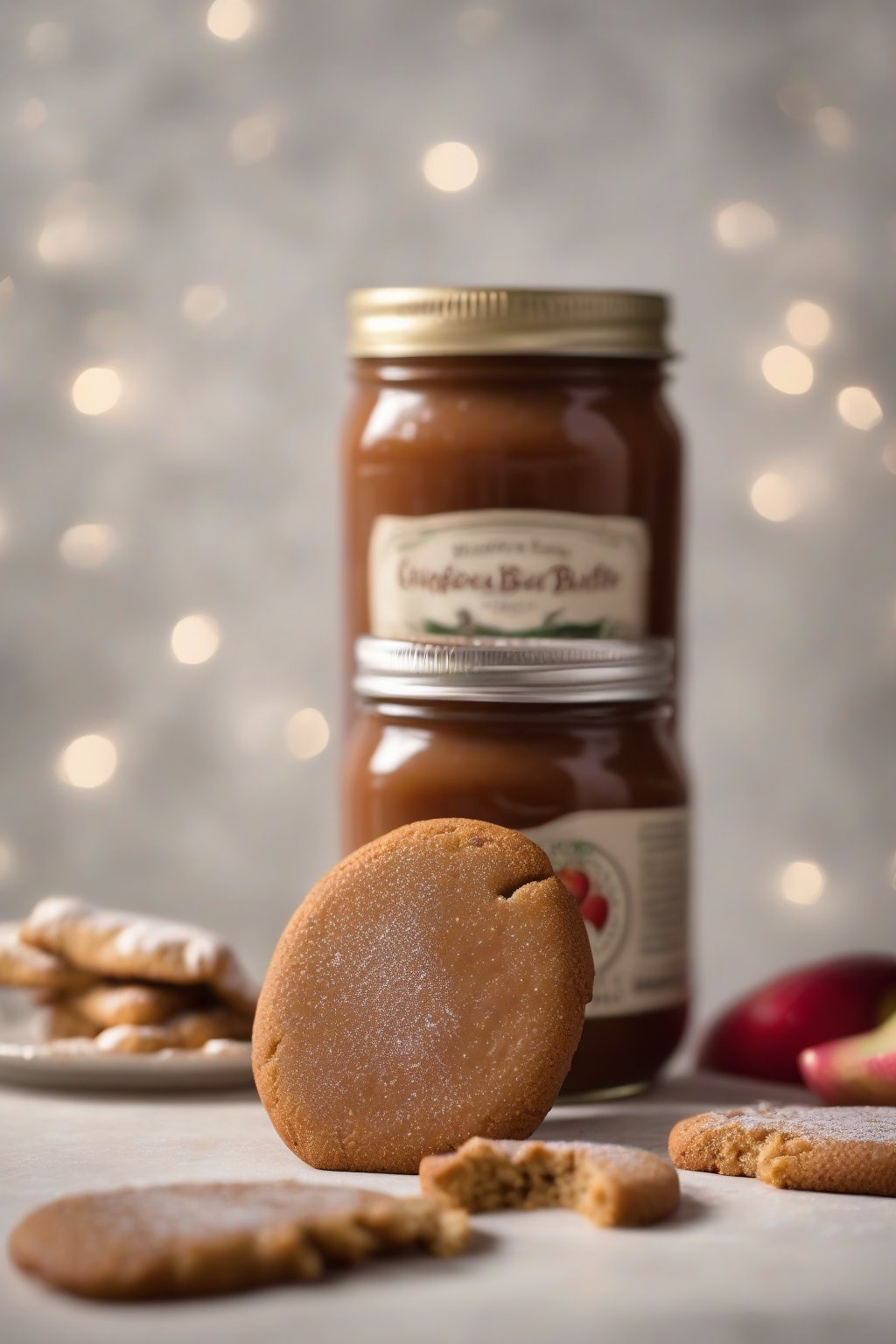 A high-resolution photo of vanilla bean gingerbread apple butter with visible specks, on a ginger cookie, under soft lighting.